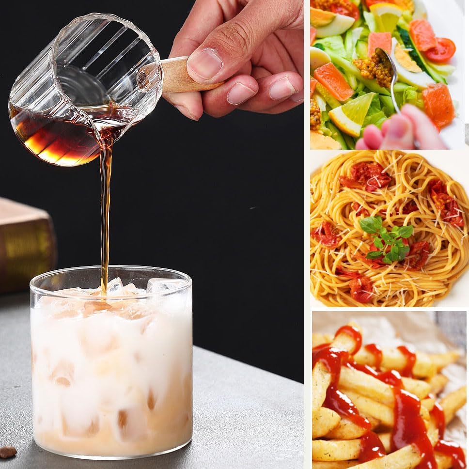 Espresso Cups Set of 2, 4 OZ Espresso Shot Glass with Handle V-Shaped Mouth, Ribbed Milk Frothing Pitcher, Glass Measuring Cup,Cappuccino Cup, Coffee Bar Accessories (Clear)