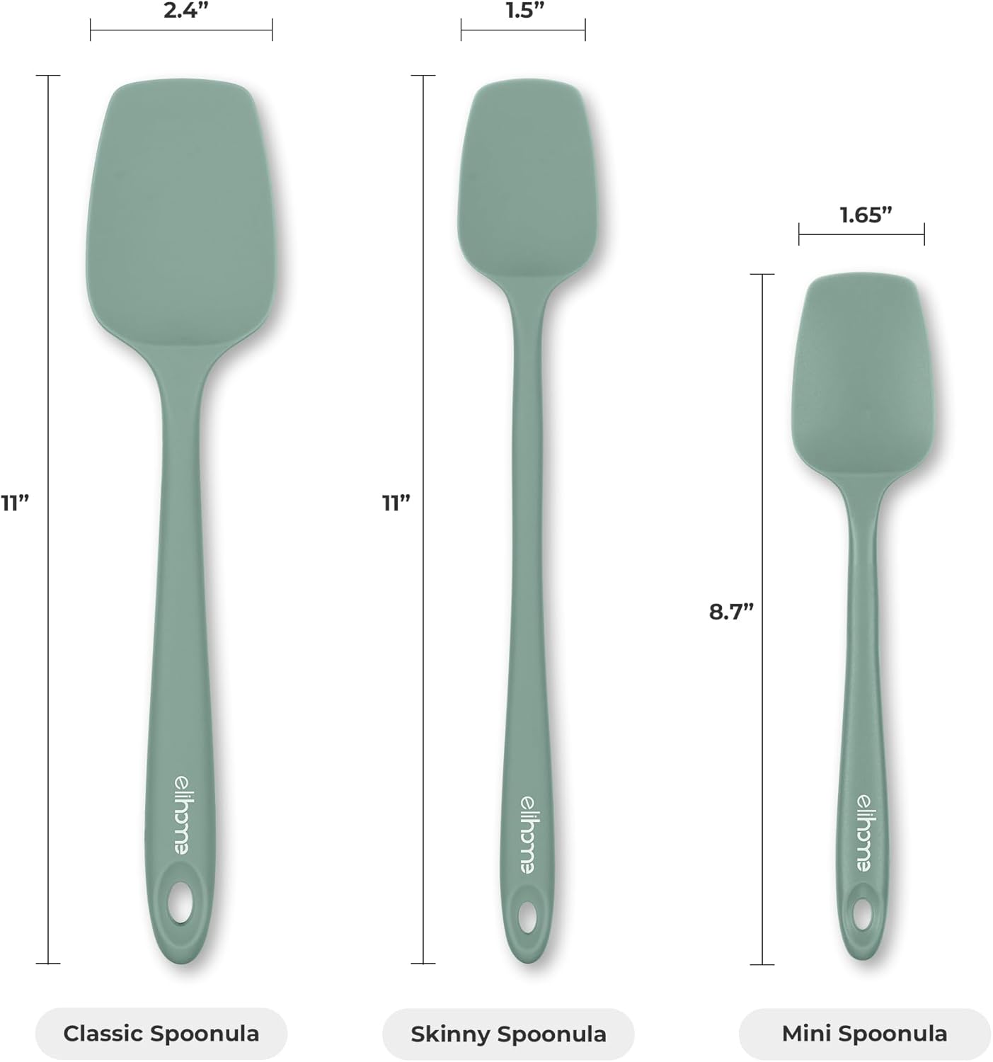 Elihome Skinny Silicone Spoonula - Non-Stick Heat Resistant Silicone Scraper Spatula for Mixing, Serving, Scraping, Stirring, and More - 11 Inch, Sage Green