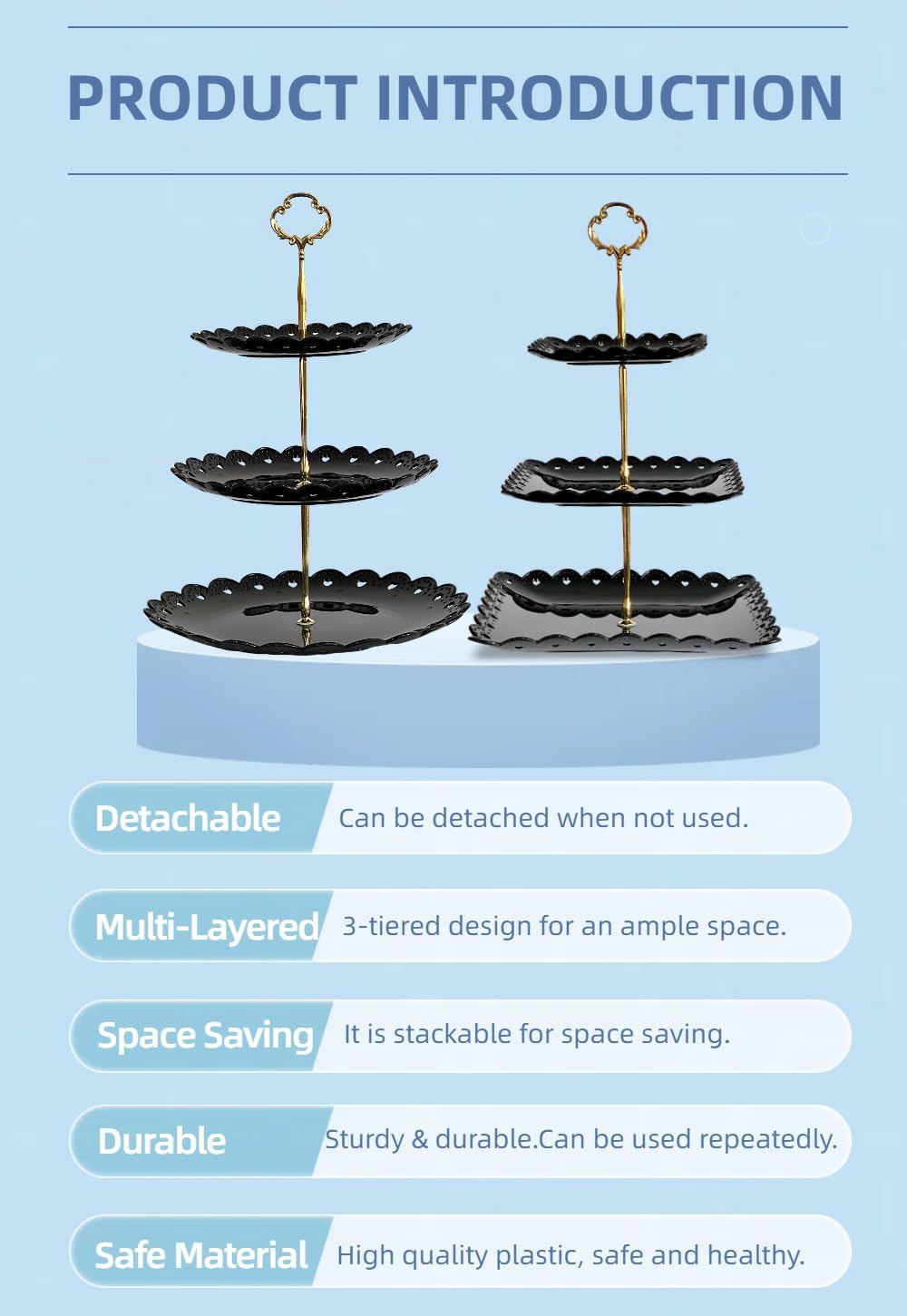 RAUVOLFIA 2 Pack of Plastic Round & Square Dessert Cupcake Stand, 3 Tier Cup Cake Holder Tower for Tea Party/Birthday/Wedding, Plastic Tiered Serving Tray (Black)