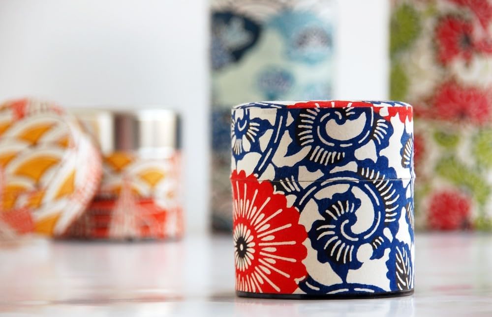 Japanese Pokkan Coffee Spice Tea Tin Canister Washi Paper Storage with Lid 7.05 oz Capacity (Shiki Seigaiha, S)