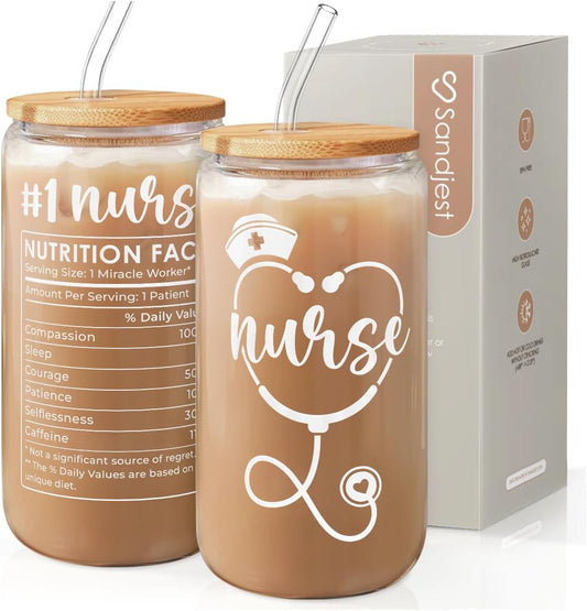SANDJEST Nurse Glass Can, Nutrition Facts Cup with Lid & Straw, Iced Coffee Aesthetic Cups, Idea Gift for Christmas Birthday Nurse Week, Gifts for Women, 16oz