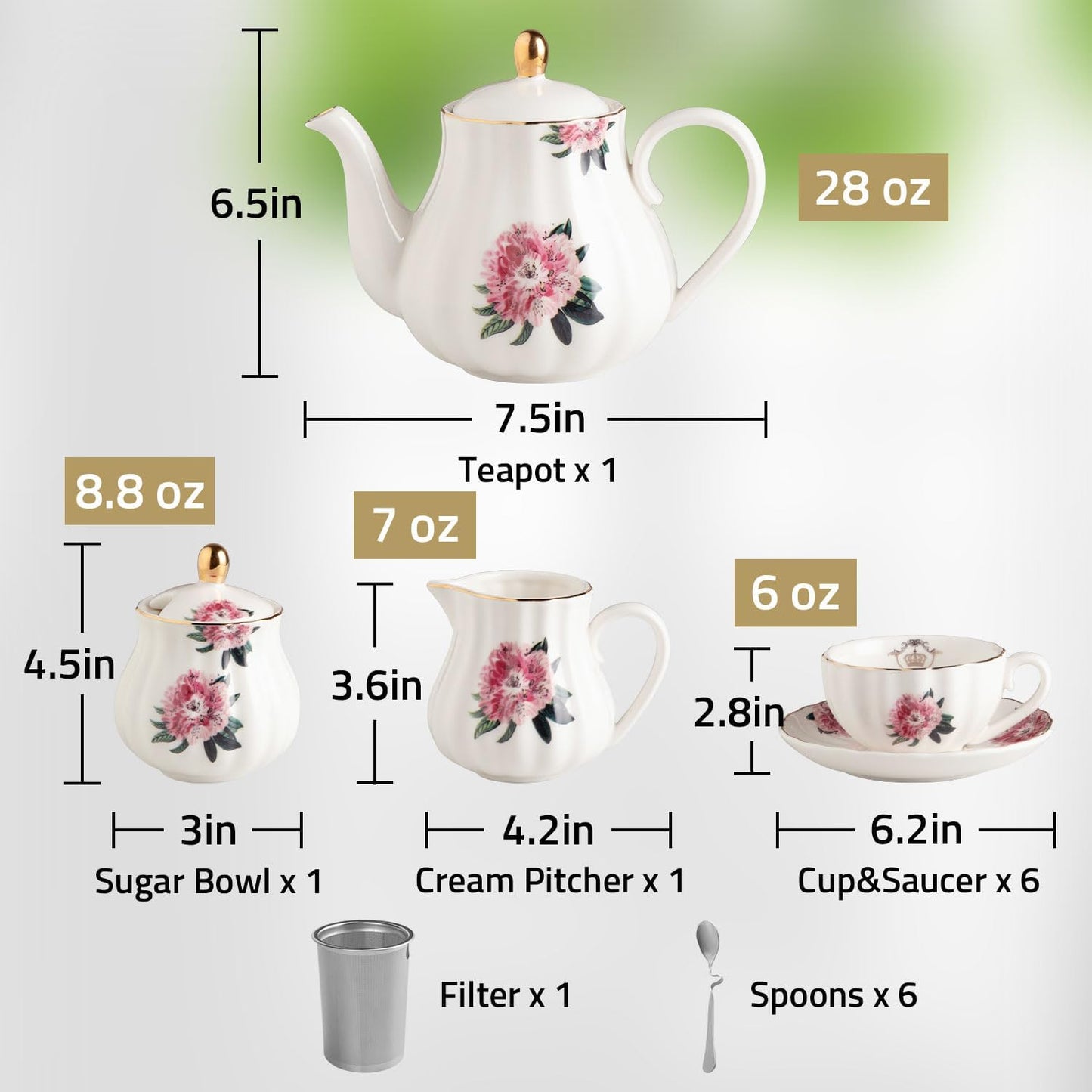 Porcelain Tea Sets British Royal Series, 8 OZ Cups & Saucer Service for 6, with Teapot Sugar Bowl Cream Pitcher Teaspoons and Tea Strainer, Suitable for High Tea, Wedding, Party（Spring Flowers）