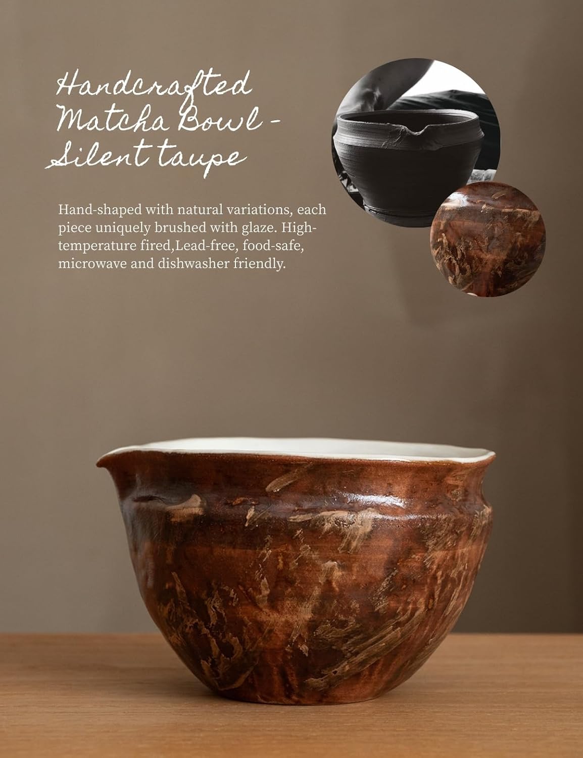 6-pcs Japanese Matcha Whisk Set with Handmade Wabi-Sabi Ceramic Bowl(Chawan),Bamboo Chasen, Whisk Holder, Scoop, Sifter & Tea Towel,Matcha Ceremony Kit,(Silent taupe)