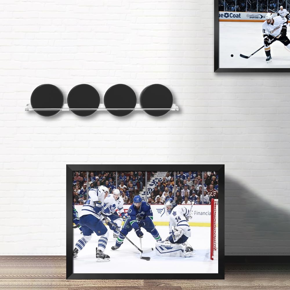 Clear Hockey Pucks Wall Display for 4 Pucks, Premium Acrylic Showcase for Autographed Souvenir Memorabilia