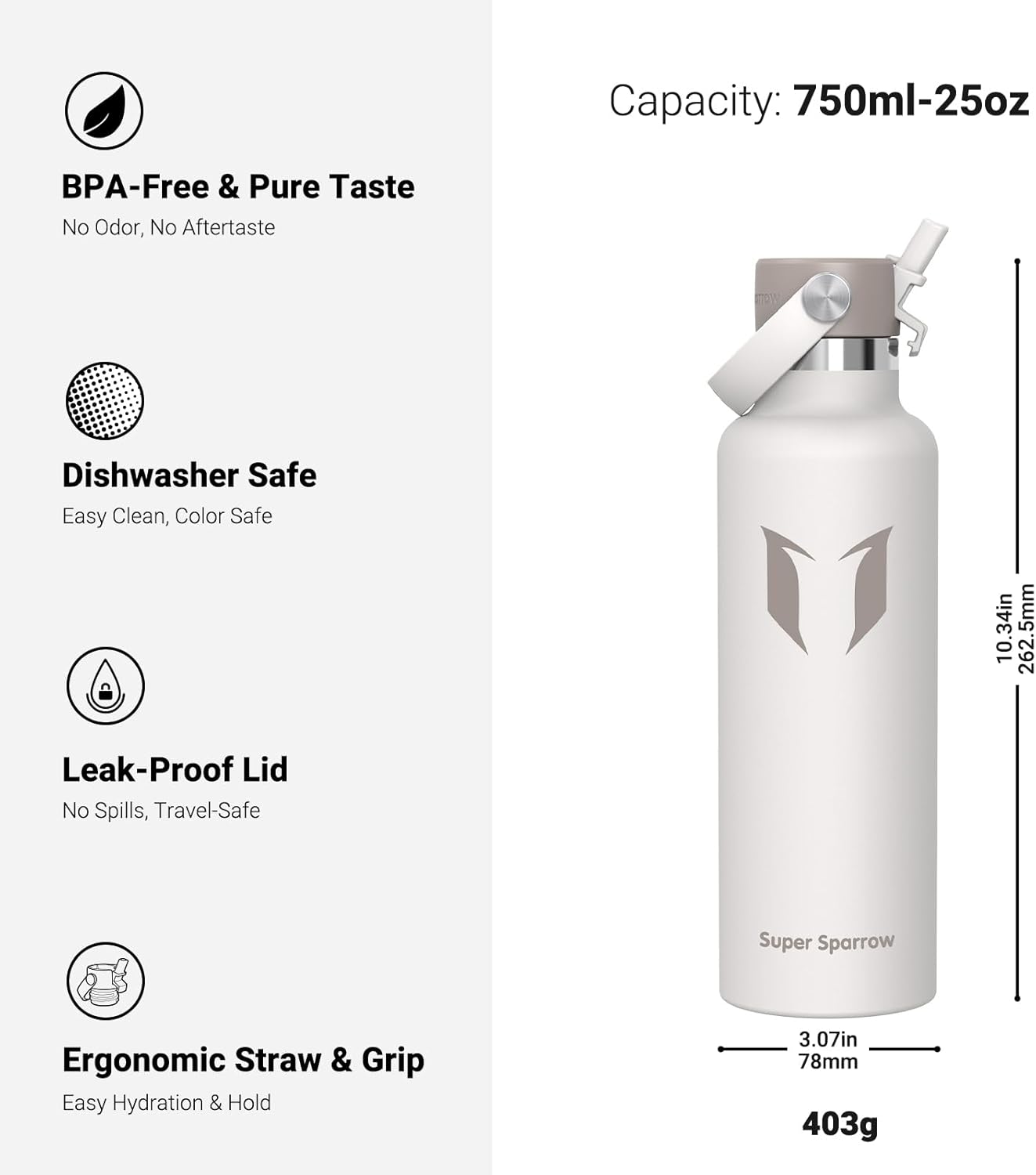 Super Sparrow Insulated Water Bottle - 17 Oz / 25 Oz / 32 Oz - Standard Mouth FlipFlow Flask - BPA Free, Leak Proof Drink Bottle- Ergonomic Straw Water Bottles for Work, Gym, Travel, Sports
