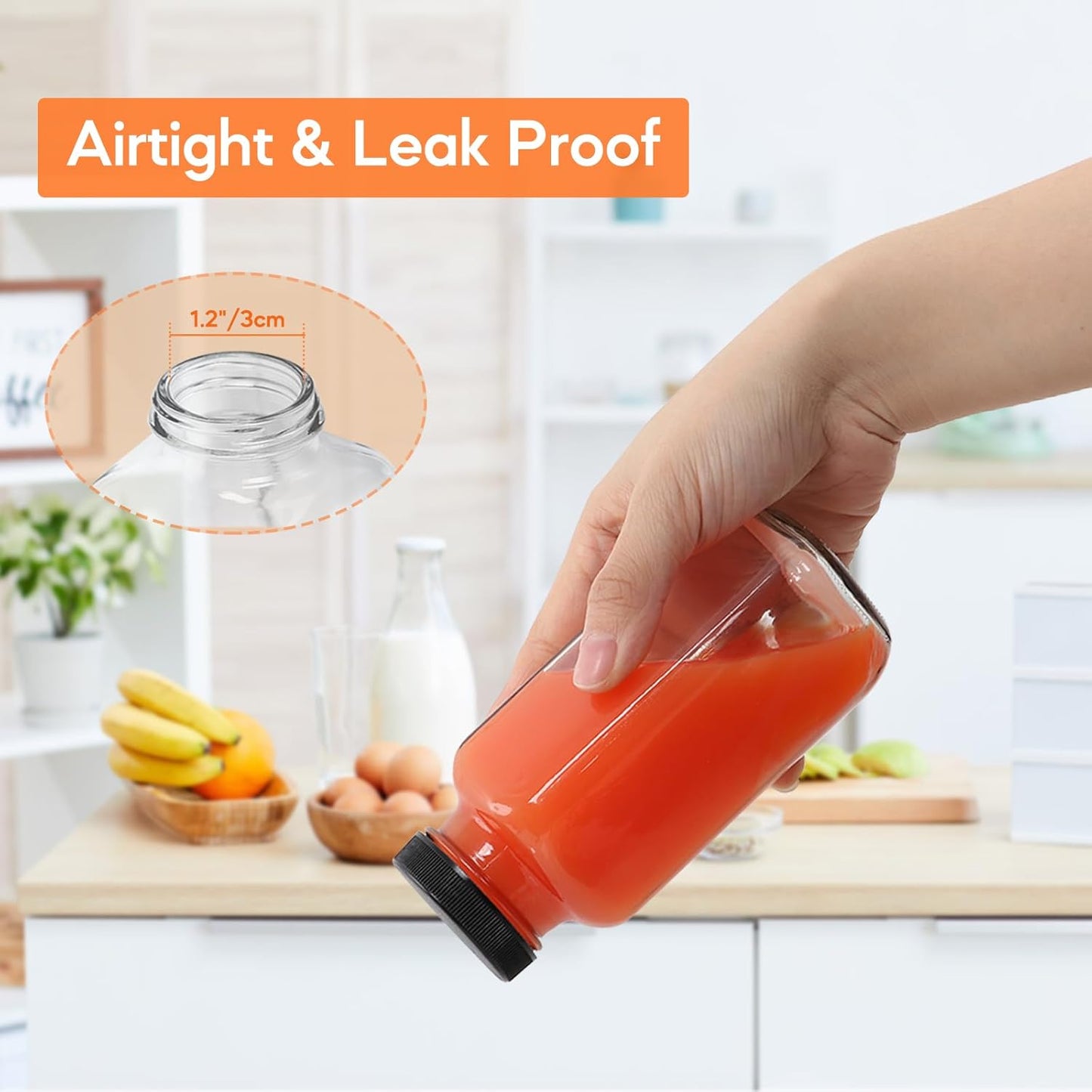 STARSIDE 8 oz 3 Pack Glass Juice Bottles with Lids - Square Reusable Drinking Jars for Juicing, Milk, Kombucha - Includes 1 Bottle Brush, 6 Colored Labels