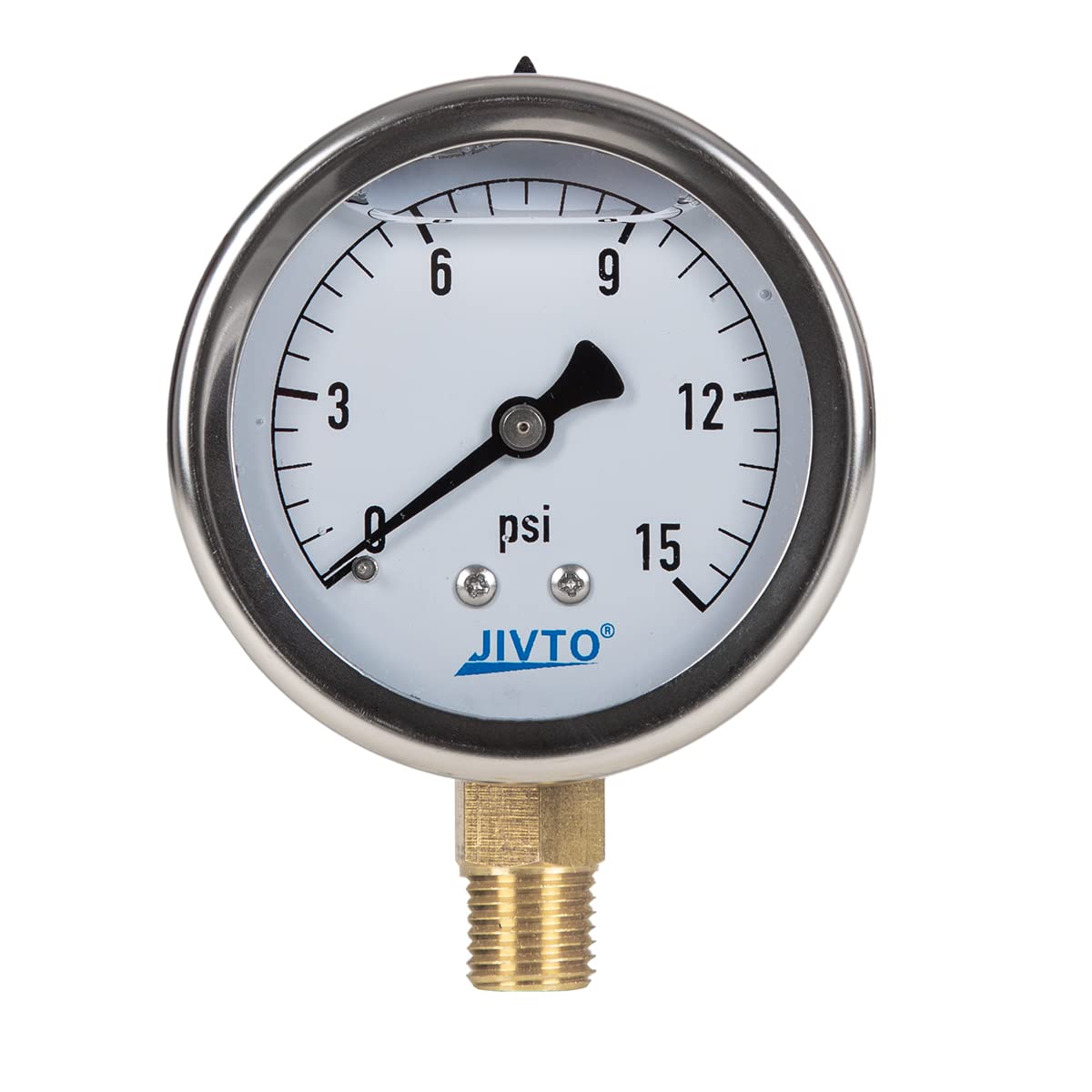 Pressure Gauge,Glycerin Liquid Filled,2.5" Dia,0-15 psi(Single Scale),1/4" NPT Brass Connection,Lower Mount, Stainless Steel Case,for Pneumatic,Pump,Hose,Well Tank,Gas Air Water Oil