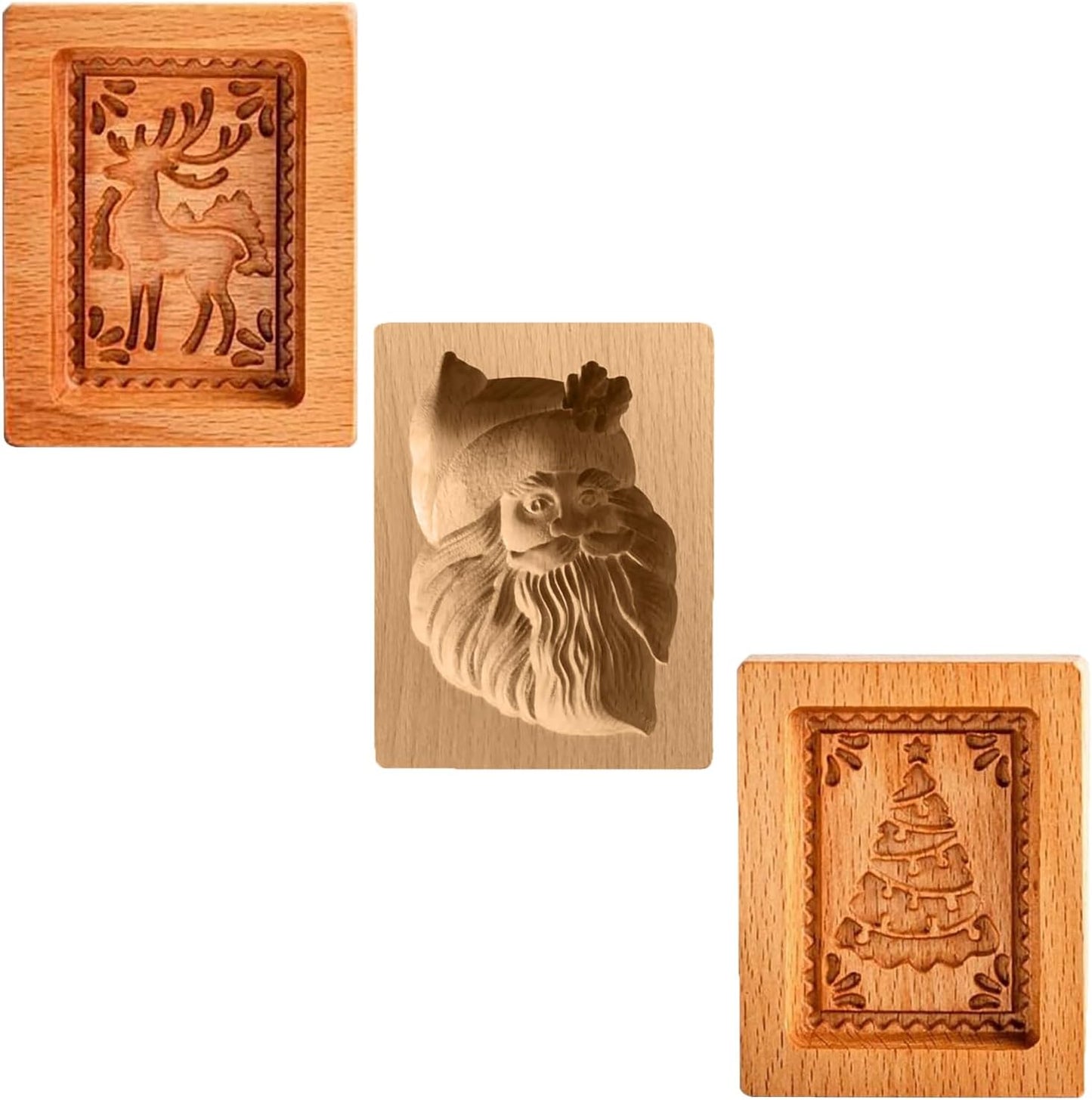 Wooden Cookie Biscuit Mold, 3D Baking Mold, Embossing Craft Decorating Baking Tool, Suitable for Halloween Thanksgiving Christmas Kitchen DIY (Xmas-A-3PCS)