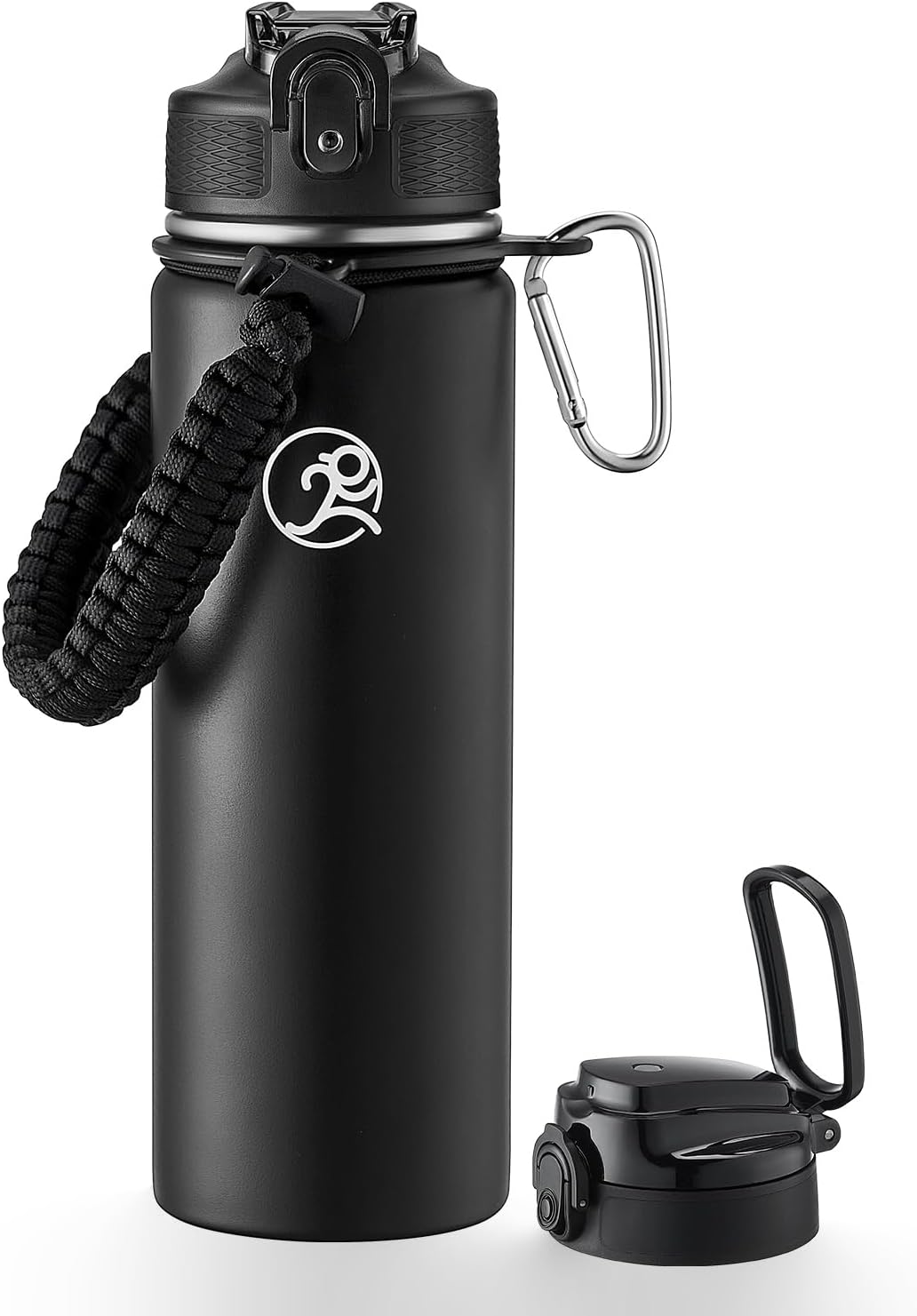 GOSWAG Insulated Sports Water Bottle, 24oz 2 Lids(with Straw/No Straw), Stainless Steel Water Bottles with Paracord Handle, Insulated Bottle with Double-Wall Vacuum Insulation