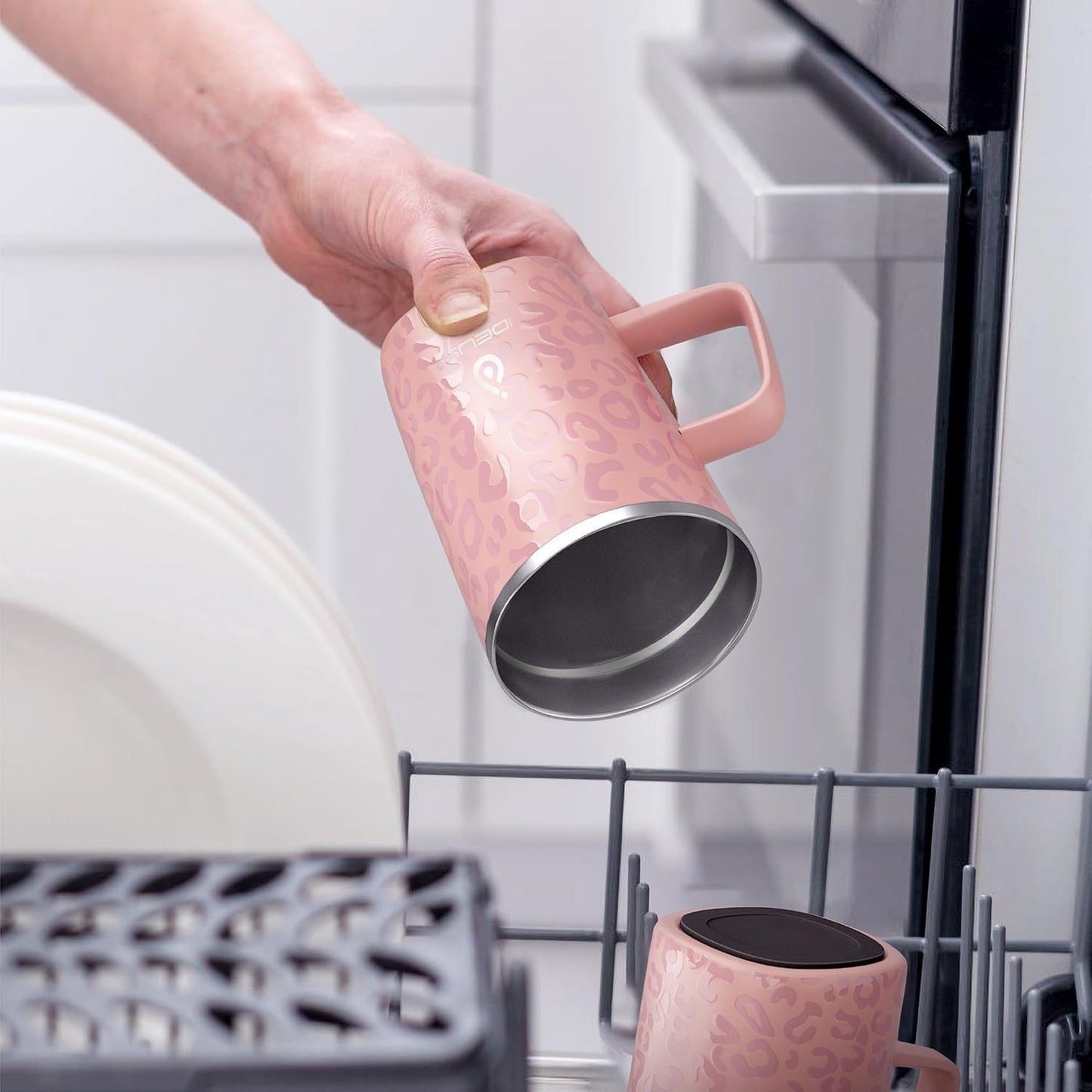 Ideus Vacuum Insulated Coffee Mug, 16oz Reusable Stainless Steel Thermal Double Walled cup with Handle and Slider Lid for Hot & Cold Beverages, BPA Free (Leapord Pink)