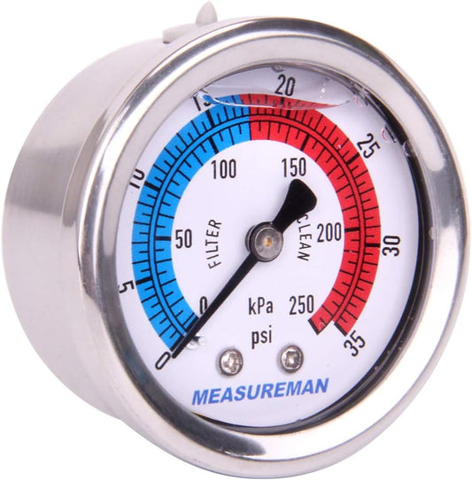 MEASUREMAN 2" Dial Size, Liquid Filled Pool Filter Pressure Gauge, 304 Stainless Steel Case, 0-35psi/250kpa,1/4" NPT Center Back Mount