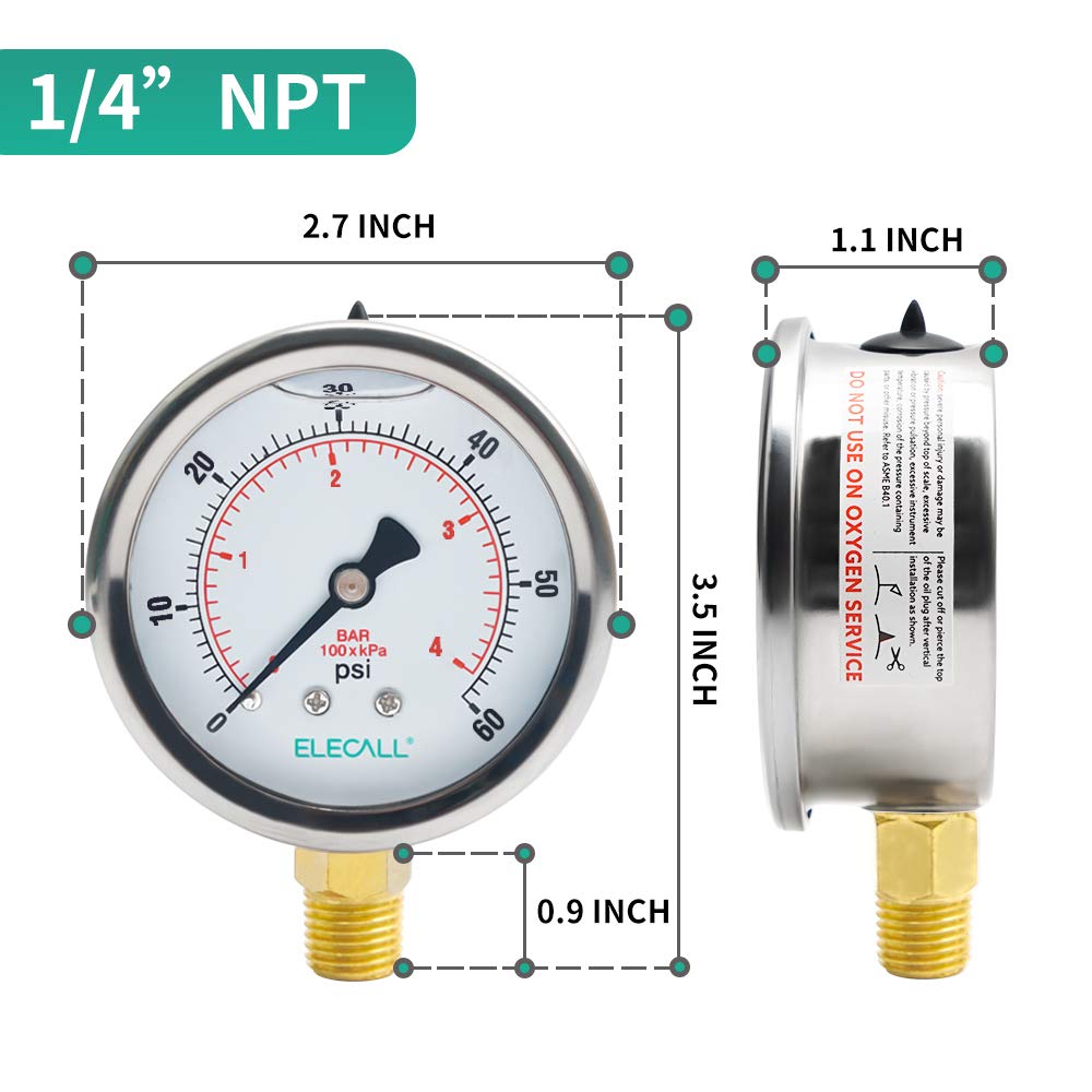 ELECALL 2-1/2" Glycerin Liquid Filled Air Pressure Gauge, 0-60Psi, 1/4”NPT Lower Mount, Stainless Steel Case, Brass Internals, Water Pressure Gauge