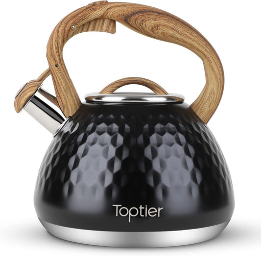 Tea Kettle, Toptier Teapot Whistling Kettle with Wood Pattern Handle Loud Whistle, Food Grade Stainless Steel Tea Pot for Stovetops Induction Diamond Design Water Kettle, 2.7-Quart Black