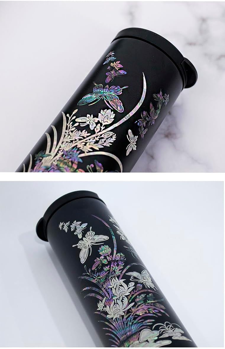 Mother of Pearl Design Stainless Steel Water Bottle 17 oz Leakproof Screw Cap Wide Mouth Double Wall Vacuum Insulated Travel Sport Water Flask Thermo Mug (Orchid Flower)