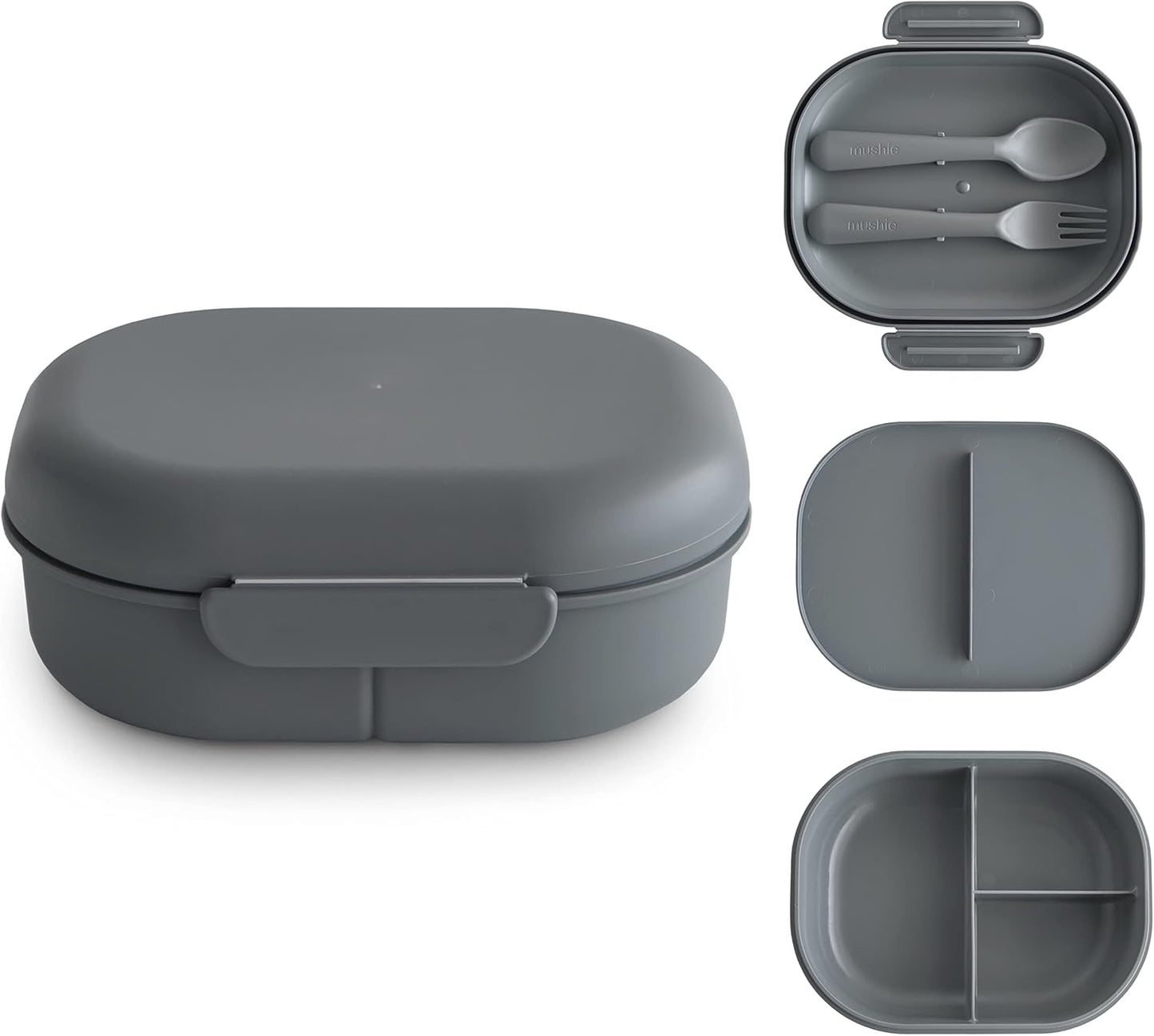mushie Kids Bento Lunch Box | 3-Compartment & Removable Divider + Fork & Spoon Utensils | Great For Meals, School, Snacks On-the-Go | Dishwasher Safe (Smoke)