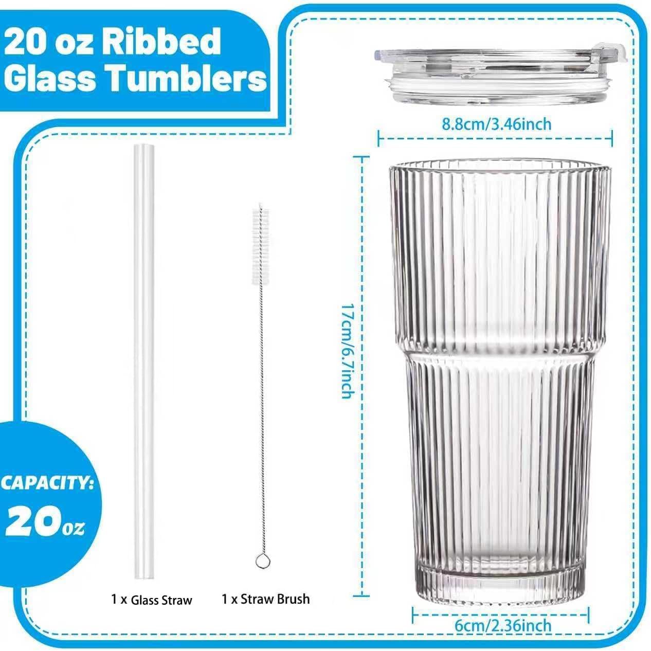 20 oz Glass Tumbler with Lid and Straw, 4 Pack Clear Ribbed Iced Coffee Cup, High Borosilicate Glass Tumbler, Reusable Vintage Glassware for Iced Coffee, Smoothies, Cocktails, and Juices