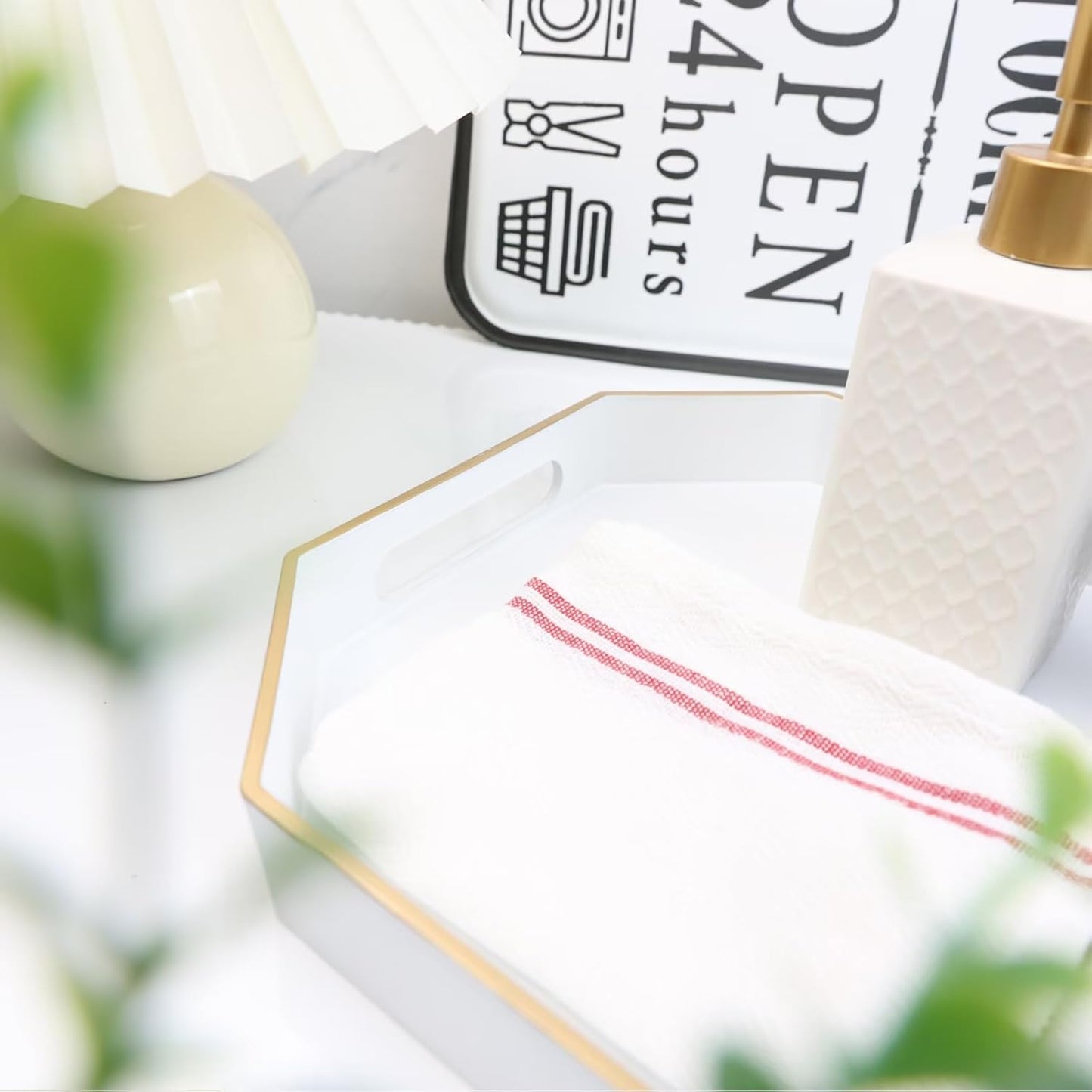 White Decorative Tray with Handles, Octagon Versatile Serving Tray for Coffee Table, Ottoman, Ideal for Serving, Displaying, Organizing