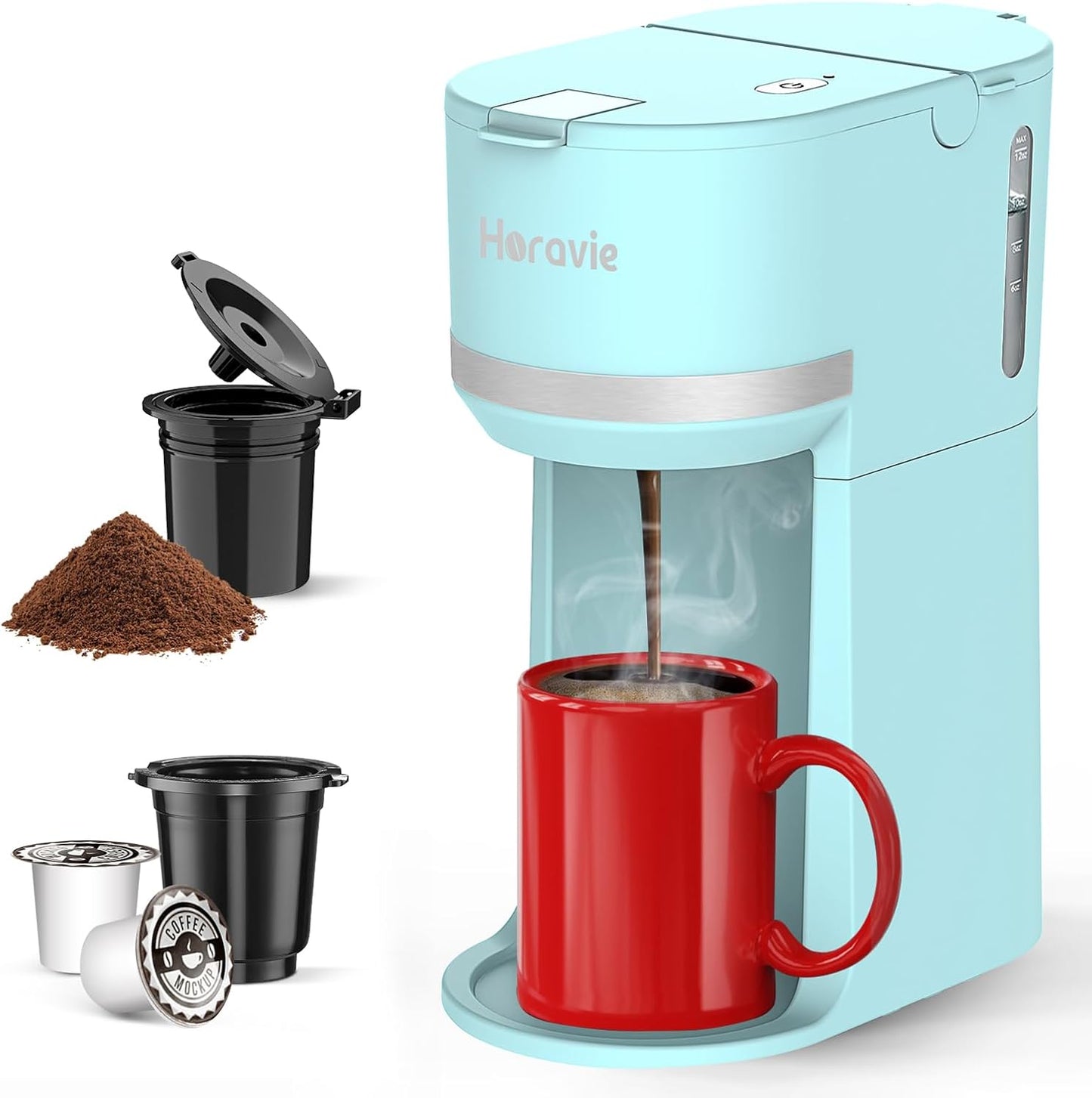 Mini Single Serve Coffee Maker for K Cup and Ground Coffee, Fast Brew One Cup Coffee Machine with Descaling Reminder and Water Window, 6 to 12 oz. Brew Sizes, Light Blue