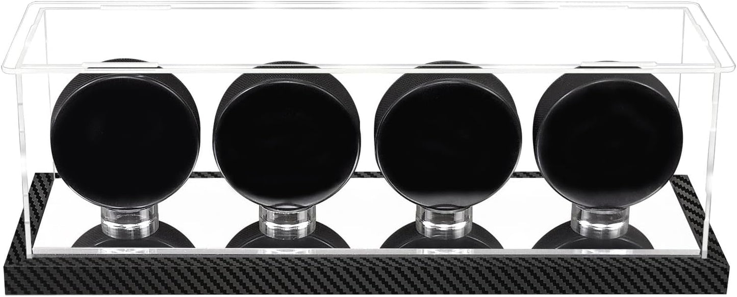 Hockey Puck Display Case for 4 Pack in one, Arcylic Puck Display Holder Stand UV Protected Dustproof Clear Display Cube Free Standing Display Cases with Carbon Fiber Skin Base and Mirror Base