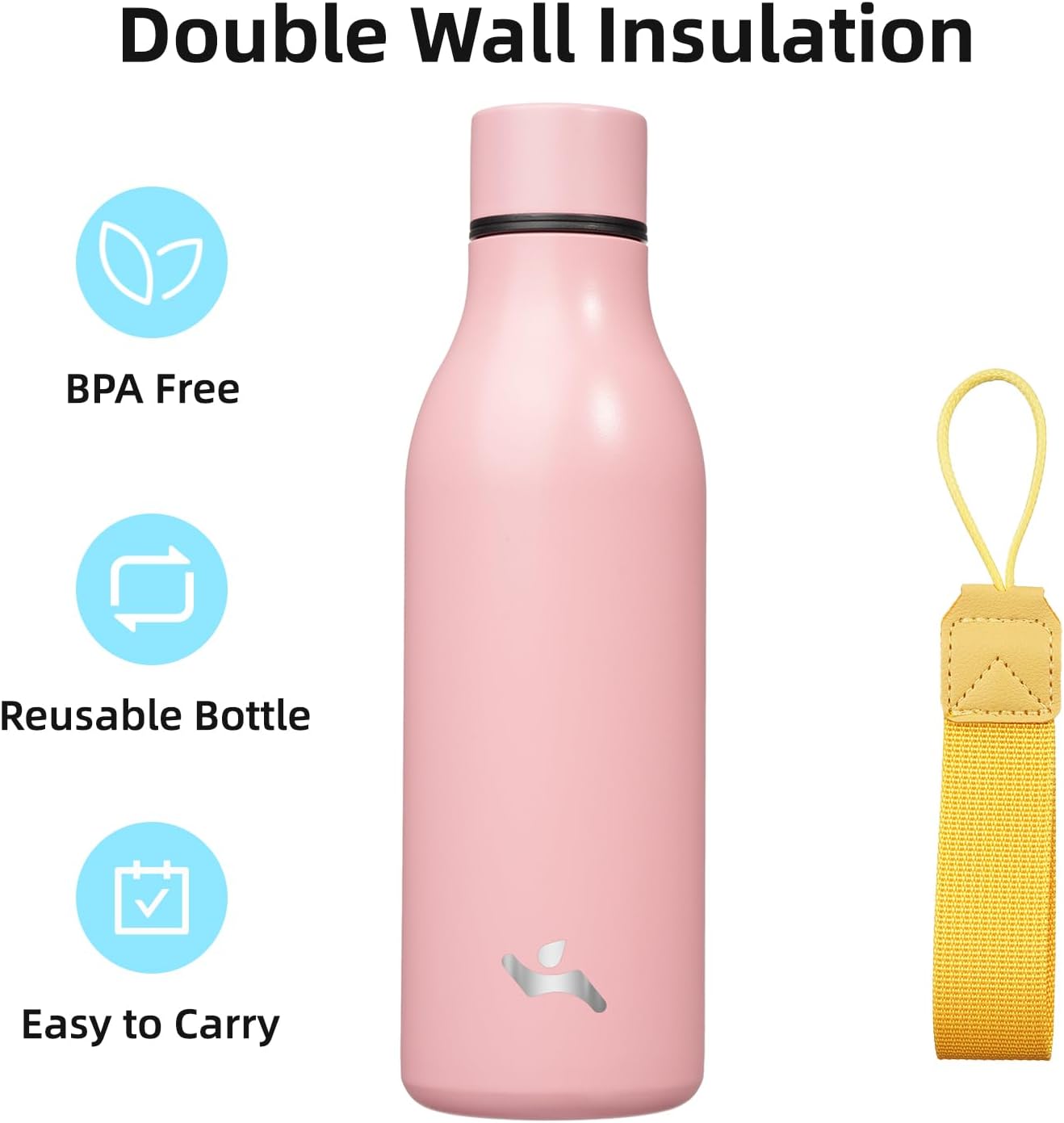 Insulated Water Bottle with Strap,18 oz Double Wall Stainless Steel Vacuum Bottles Metal Water Flask,Light Pink