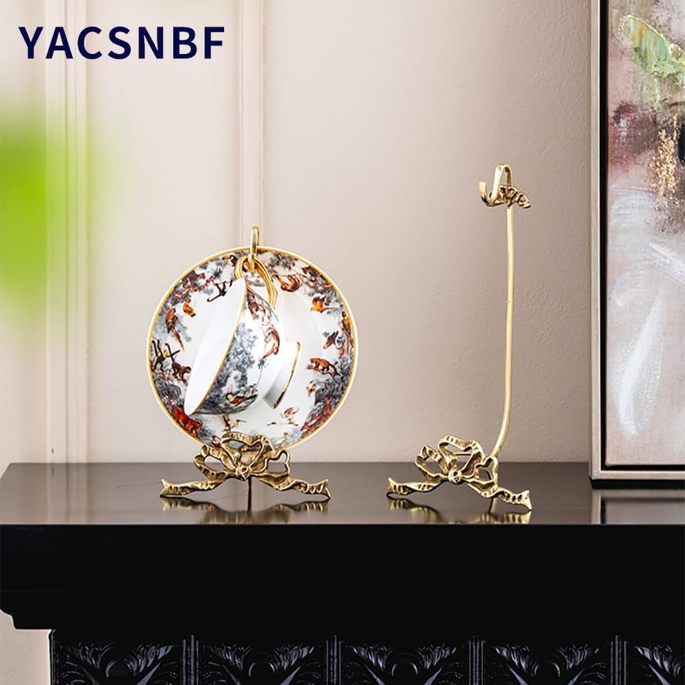 1Pcs Brass Teacup and Saucer Display Stand,Teacup Holder Stand for Display,Antique Coffee Cup Mug Holder for one Cup, Gold. (Small)