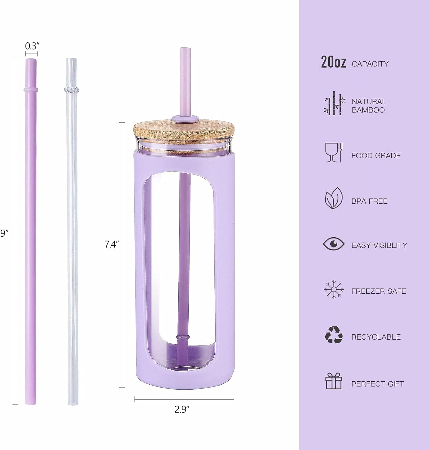 Kodrine 20oz Glass Water Tumbler with Straw and Lid, Bamboo Lids Water Bottle, Iced Coffee Cup Reusable, Wide Mouth Smoothie Cups with Protective Silicone Sleeve BPA FREE-Purple