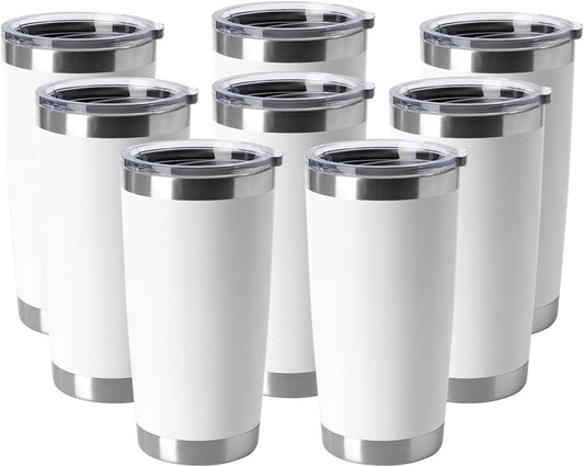 HASLE OUTFITTERS 20oz Tumblers Bulk Stainless Steel Cup with Lid Double Wall Vacuum Insulated Coffee Mug for Cold & Hot Drinks 8 Pack, White