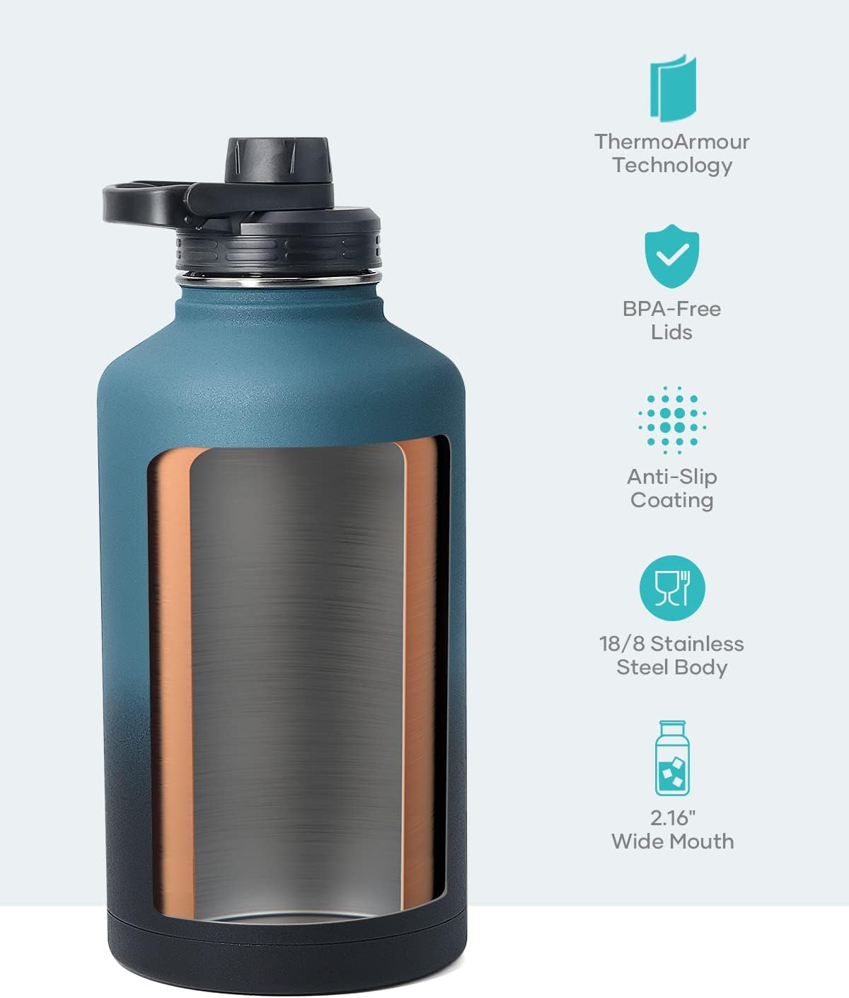 BUZIO 64 oz Water Bottle Insulated with Straw & 3 lid and Carrying Pouch, Leak Proof Half Gallon Stainless Steel Water Flask Jug, Cold for 48 Hrs Double Vacuum Thermo Canteen, BPA-Free, Indigo Crush