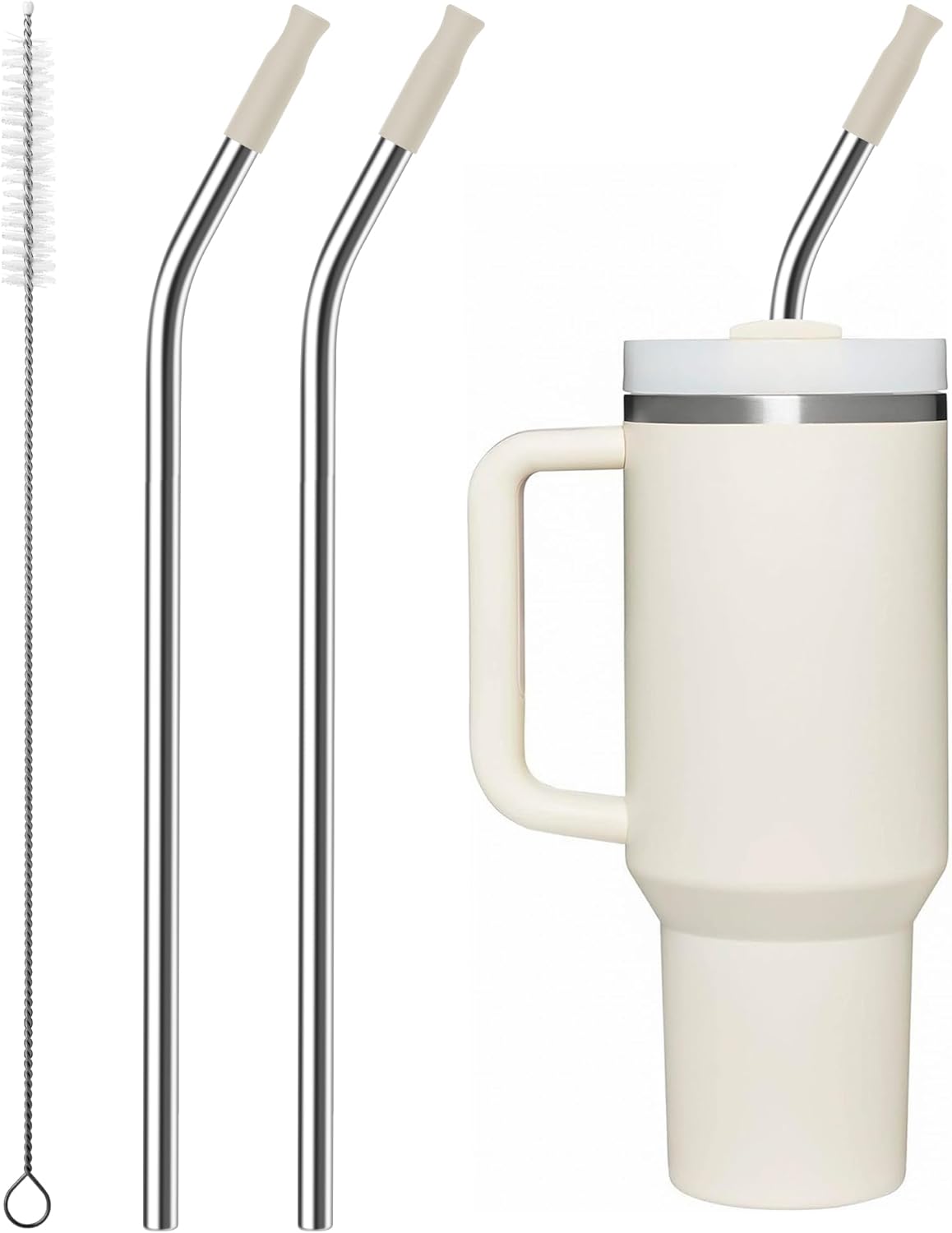 Repeatable Metal Straw with Silicone Tips for 40 oz Stanley Tumbler, 2 Pcs 40 oz Stainless Steel Straws Replacement for Stanley Tumbler, 1 Straw Brush, BPA Free（Cream Grey）