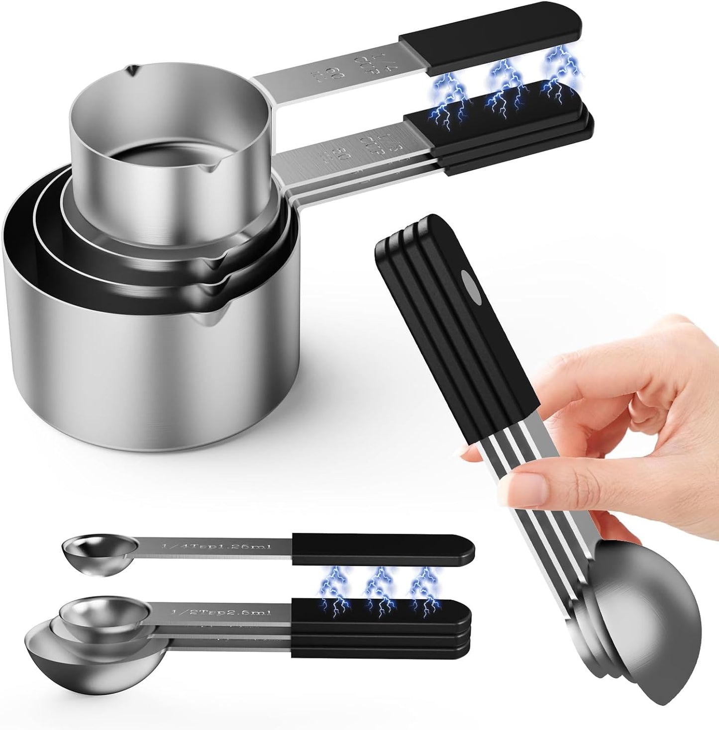 Magnetic Stainless Steel Measuring Cups & Spoons Set – 8-Piece Stackable Set with Engraved Measurements – Dishwasher Safe Baking Essentials