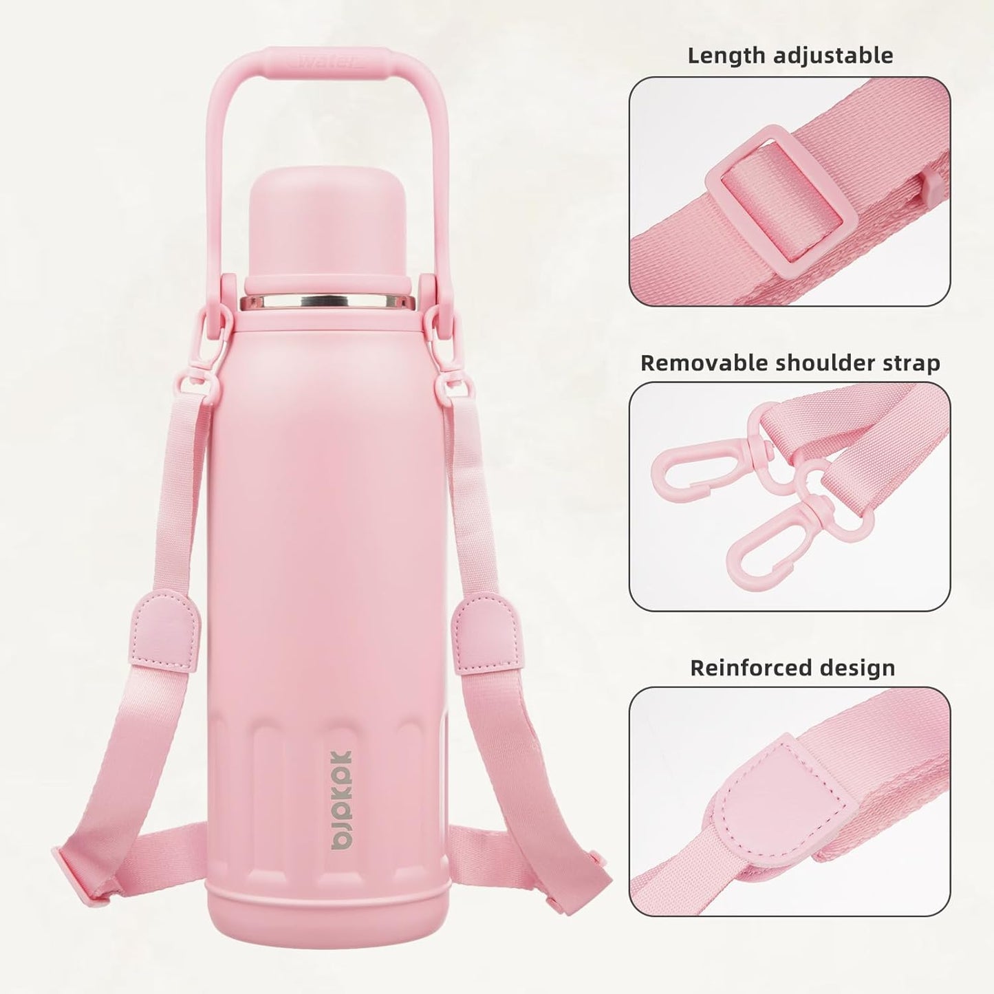 BJPKPK Insulated Water Bottle 50oz Stainless Steel Water Bottles Disherwahser Safe with Handle and Lid Travel Metal Thermos,Light Pink