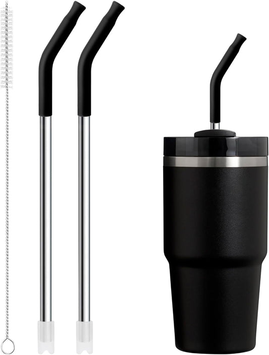Snowfall 2 Pcs Replacement Metal Straws for Stanley 14 OZ, 20 OZ Tumbler, Stainless Steel Straws with Silicone Tip for 20 OZ Tumbler, Straw Brush (Black)