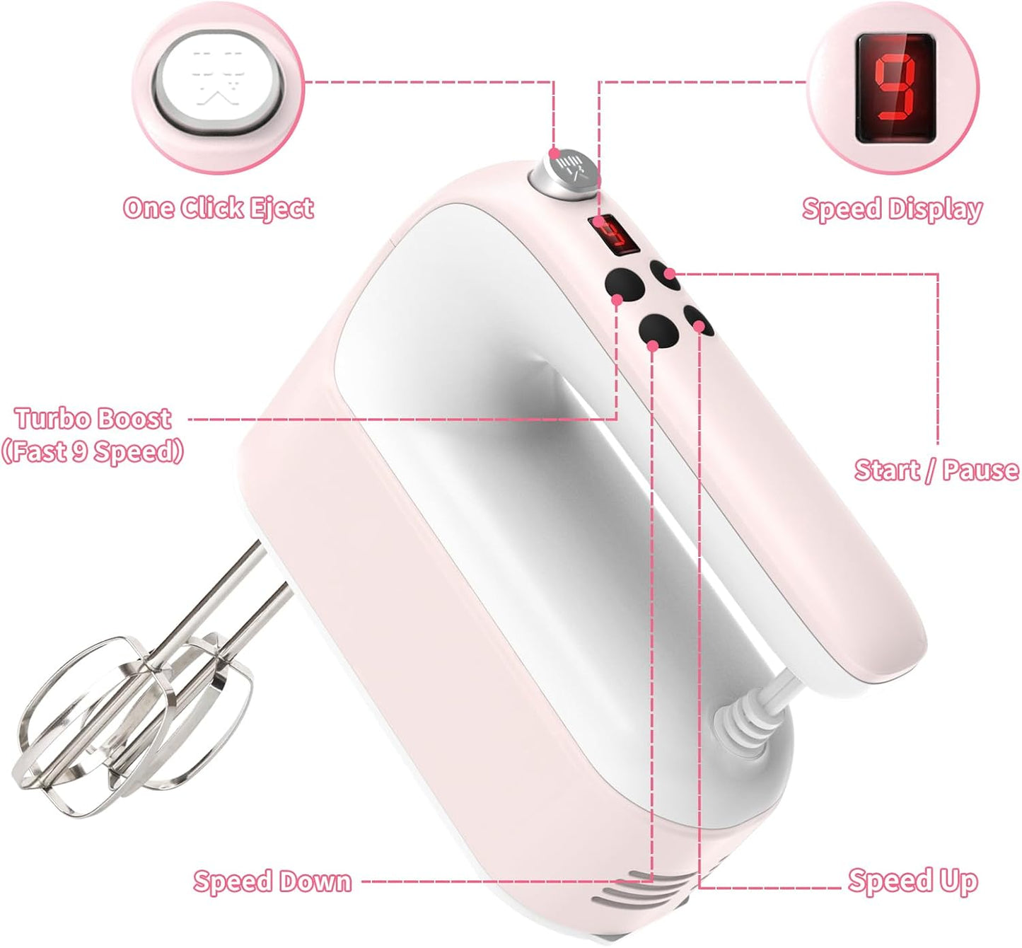 CBQ Hand Mixer Electric, 9 Speed 400W Handheld Mixer with Digital, Touch Button, Turbo, Storage Case, 5x Stainless Steel Accessories, Mixer Electric Handheld for Cake, Cookie, Egg (Pale Pink)