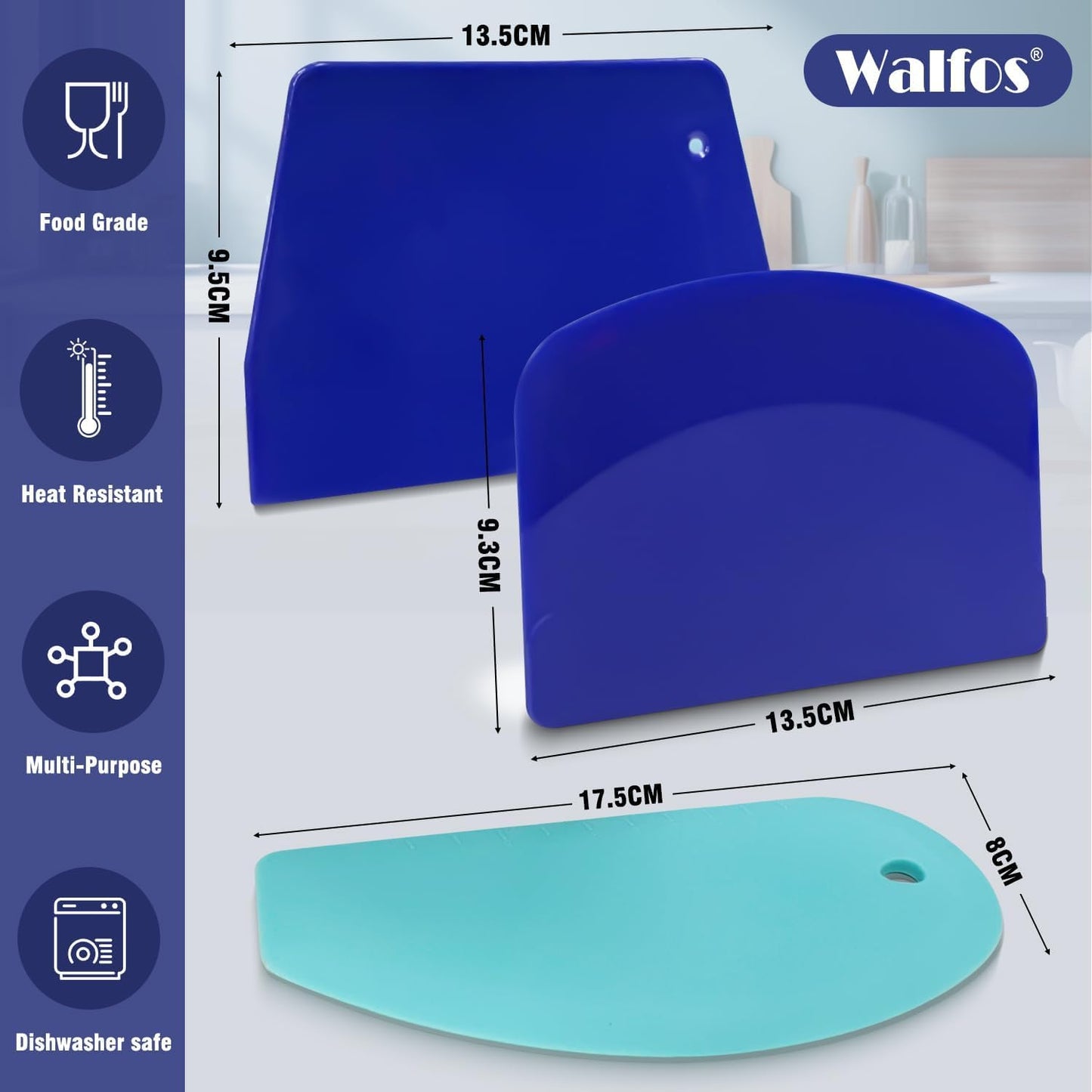 Walfos Dough Scraper Set of 3, Flexible Silicone Bowl Spatula, Kitchen Plastic Bench Dough Scraper Tool for Bread Dough, Sourdough, Cake, Fondant Icing, Blue & Teal/Aqua…