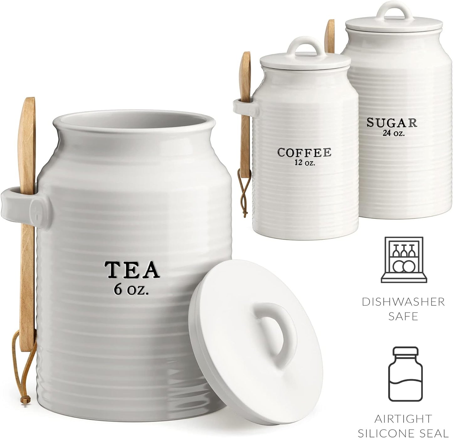 Barnyard Designs Canister Set for Kitchen Counter, Coffee Tea Sugar Container Ceramic Set, Decorative Canisters, Rustic Farmhouse Canister Jars, White (Coffee/Sugar/Tea)
