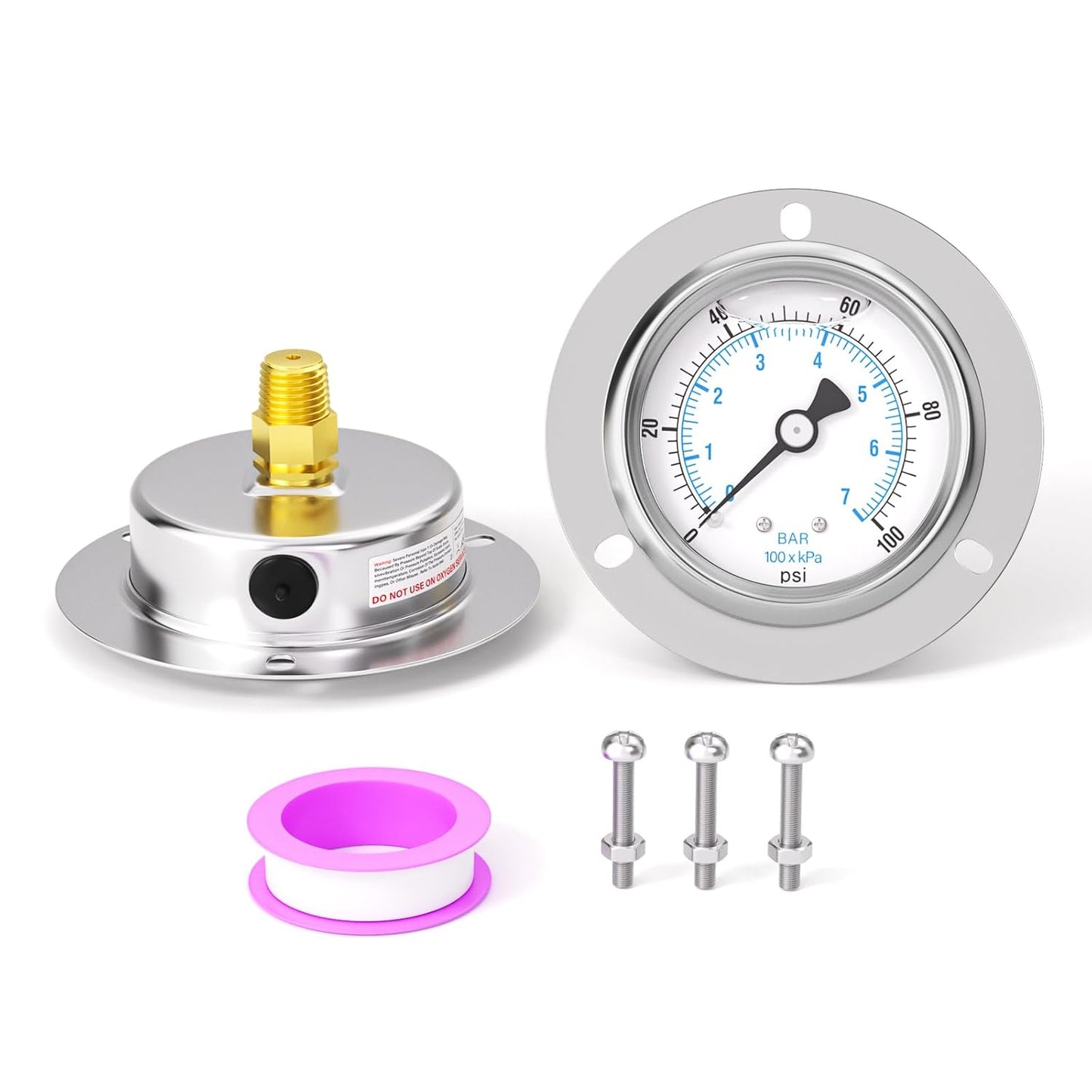 0-100PSI Panel Mount Front Flanged Glycerin Filled Pressure Gauge, 2.5" Dial Size, 1/4" MNPT Back Mount, Stainless Steel Case, with Phillips Screw and Nut, for Water, Gas, Liquid Pressure