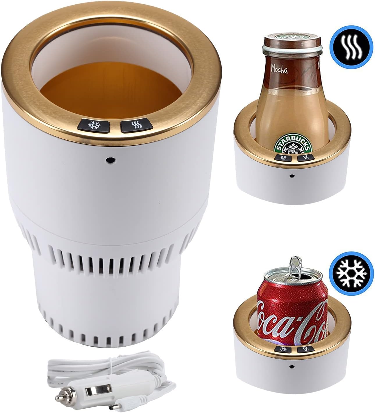 Car Cup Holder with Drink Cooler Smart Mug Warmer 2-in-1 Car Tumbler Holder (White with Gold)