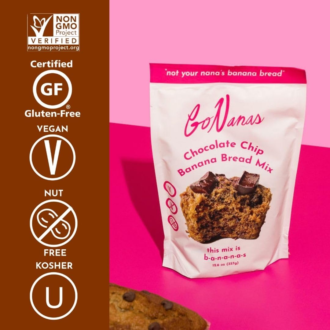 GoNanas Chocolate Chip Oat Flour Banana Bread Mix, Suitable for Plant Based Vegan Diets, Gluten Free Dairy Free Snacks, Healthy Snacks For Adults, Muffin Mix, Nut Free, Cupcakes Dessert, NON-GMO, 3pk