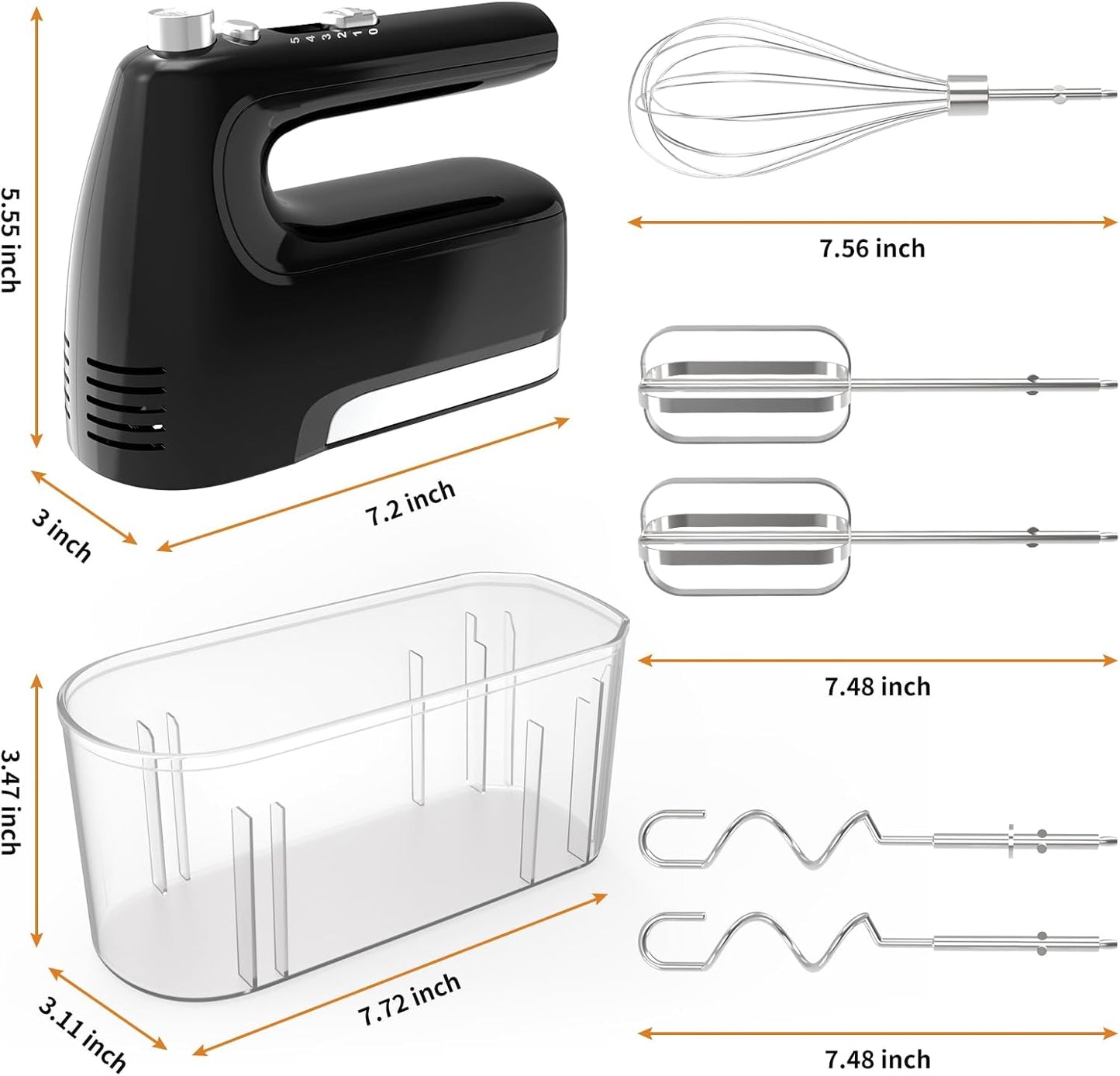 CBQ Hand Mixer Electric, 5-Speed 400W Powerful Motor, Hand Mixer Electric Handheld with Storage Case, Turbo Boost and 5x Accessories, Flat Beaters, Dough Hooks, Whisk (Black)