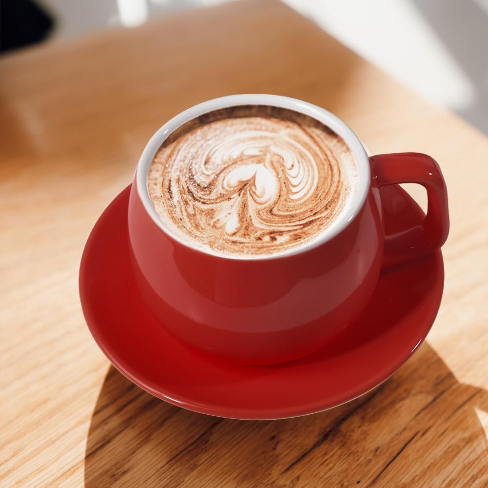 Porcelain Coffee Cup with Saucer 270ml/9oz, Minimalist Design, Perfect for Latte, Cappuccino, and Tea, Red