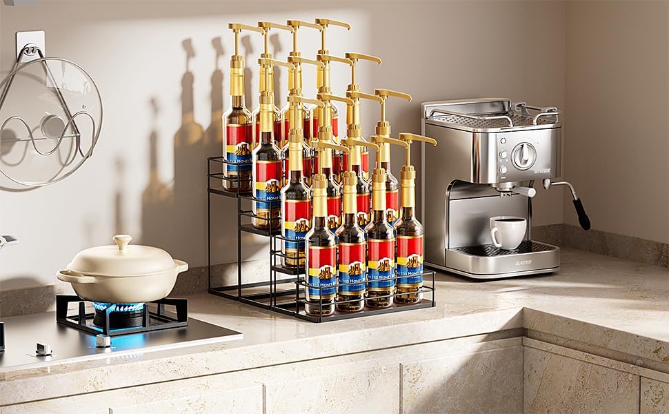16 Bottle Capacity Coffee Syrup Organizer 4 Tier Coffee Syrup Stand Shelf for Coffee Bar Kitchen Small Wine Rack for Bar Family Storage for Syrup Wine Dressing