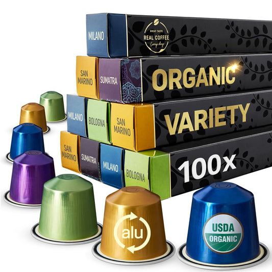 Organic Espresso Variety Pack for Nespresso | 100 Organic Aluminum Capsules | 3 Strong Italian Espressos + 1 Smooth Lungo | 100% Nespresso Compatible Pods | Fairtrade |