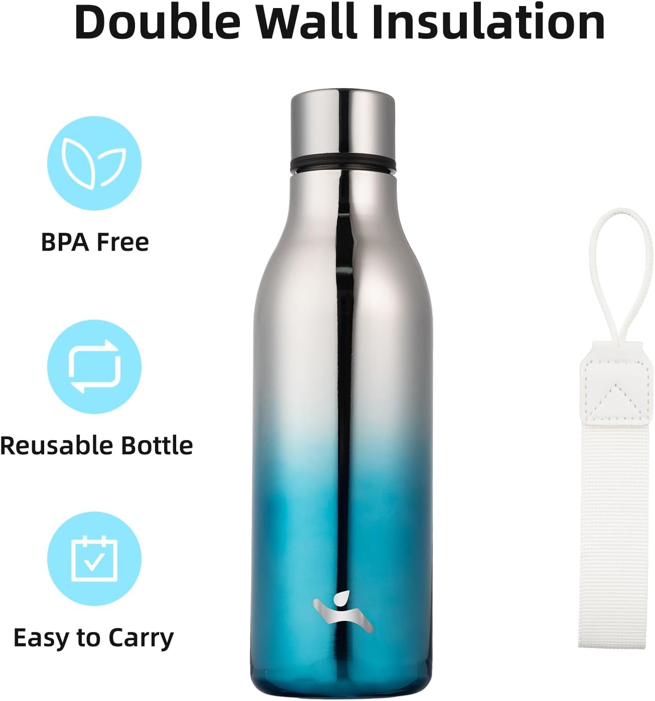 Insulated Water Bottle with Strap,18 oz Double Wall Stainless Steel Vacuum Bottles Metal Water Flask,Blue Lagoon