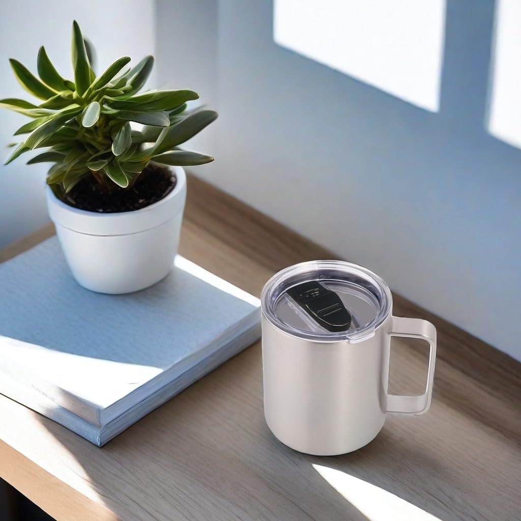 Volhoply 14oz Insulated Stainless Steel Coffee Mug with Lid Bulk 2 Pack,Double Wall Vacuum Travel Coffee Cup with Handle,Reusable Metal Cups Tumbler,Camping Mugs Keep Hot,Ideal Gifts(Silver,2)