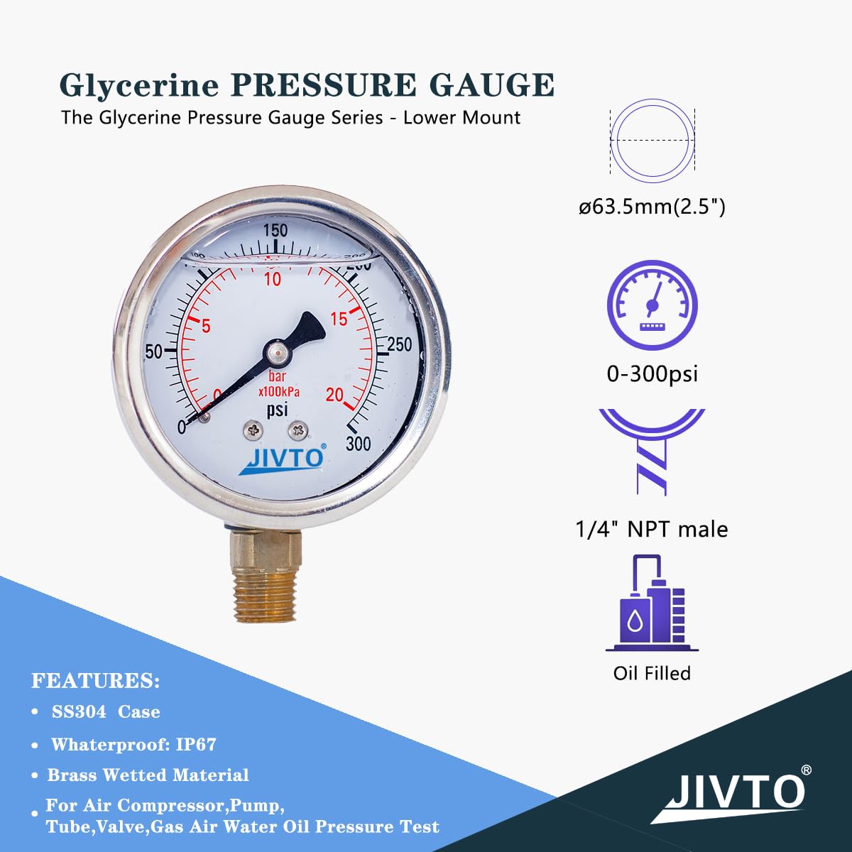 Pressure Gauge,Glycerin Liquid Filled,2-1/2" Dual Scale Dia,0-300 psi/bar/kpa,1/4" NPT Male Brass Connection,Lower Mount, Stainless Steel Case,for Pneumatic,Pump,Hose,Well Tank,Gas Air Water Oil