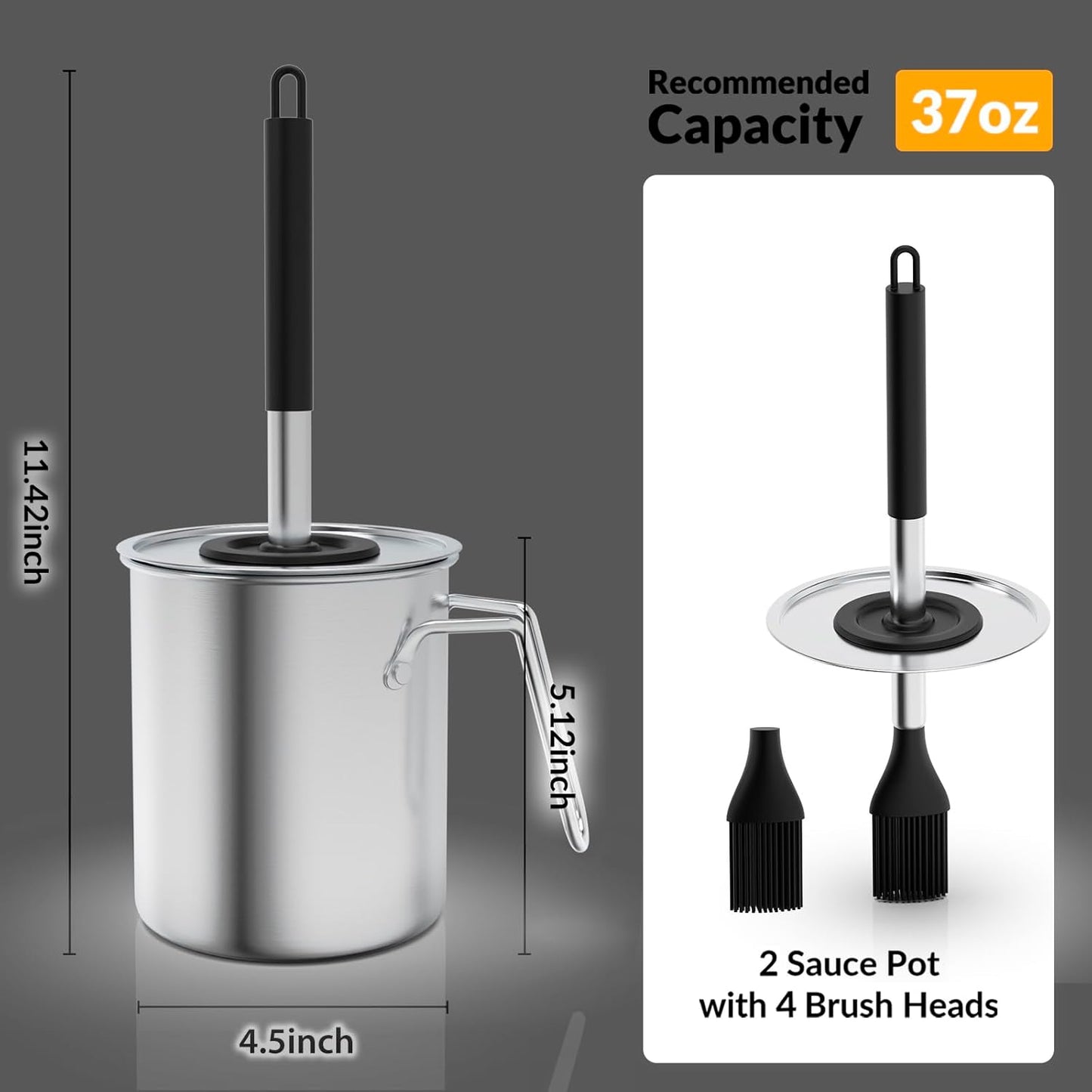 Geesta Adjustable Sauce Pot and Basting Brush Set, Long Stainless Steel Basting Brush for Cooking, Smoking, Fathers Day Grilling Gifts for Men Smoker Accessories, Large Capacity Grilling Tools, 2 Pack
