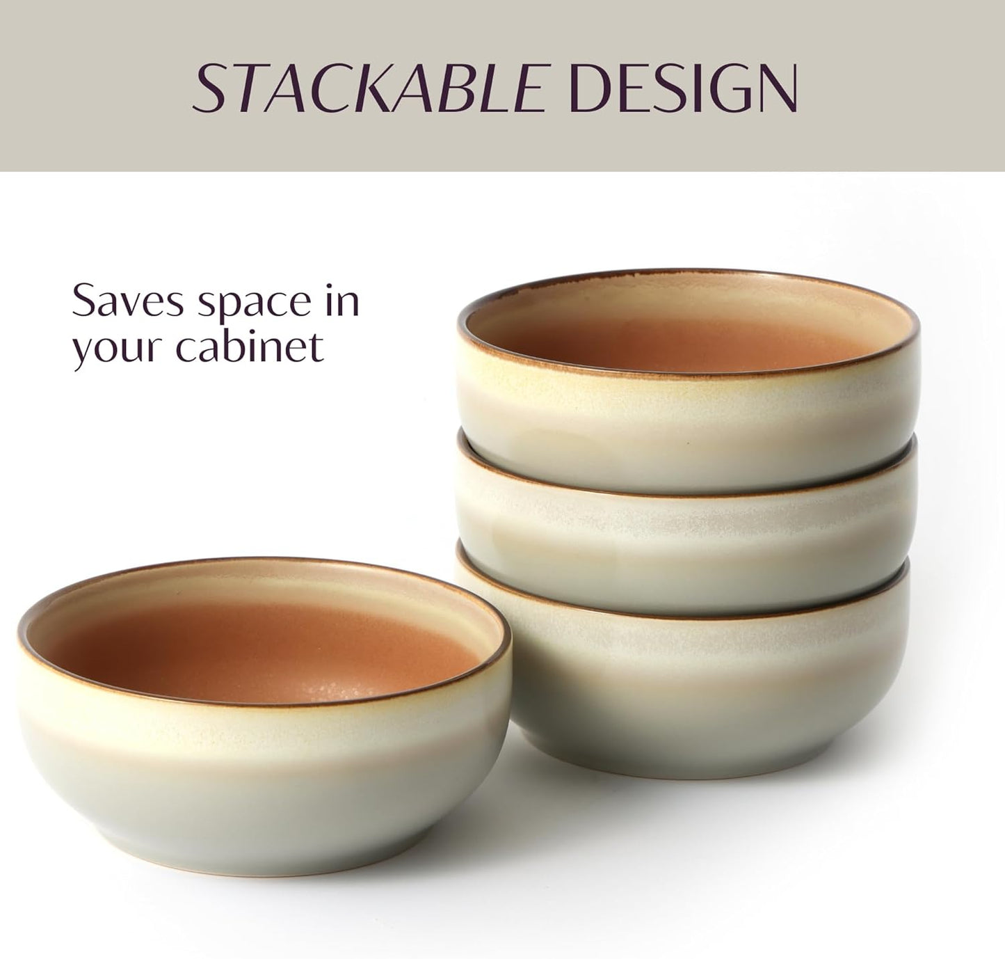 Ceramic Cereal Bowls Set of 4-21 oz Stoneware Bowls for Soup, Salad, Dessert or Ice Cream - Stackable, Dishwasher & Microwave Safe, Small Rustic Bowls for Kitchen -Terracotta/Reactive Glaze