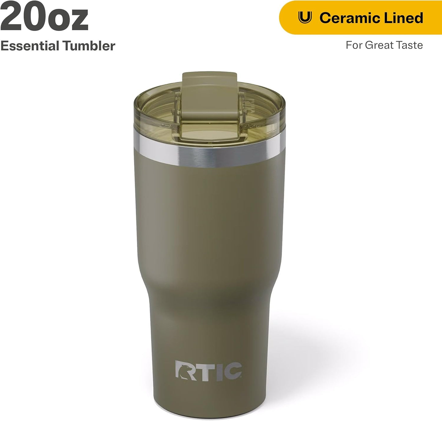 RTIC 20oz Essential Tumbler with Lid, Insulated, Stainless Steel, Metal, Double Wall Vacuum-Insulation, Ceramic Lined, Travel Cup for Iced Coffee, Tea, Hot and Cold Drink, Olive