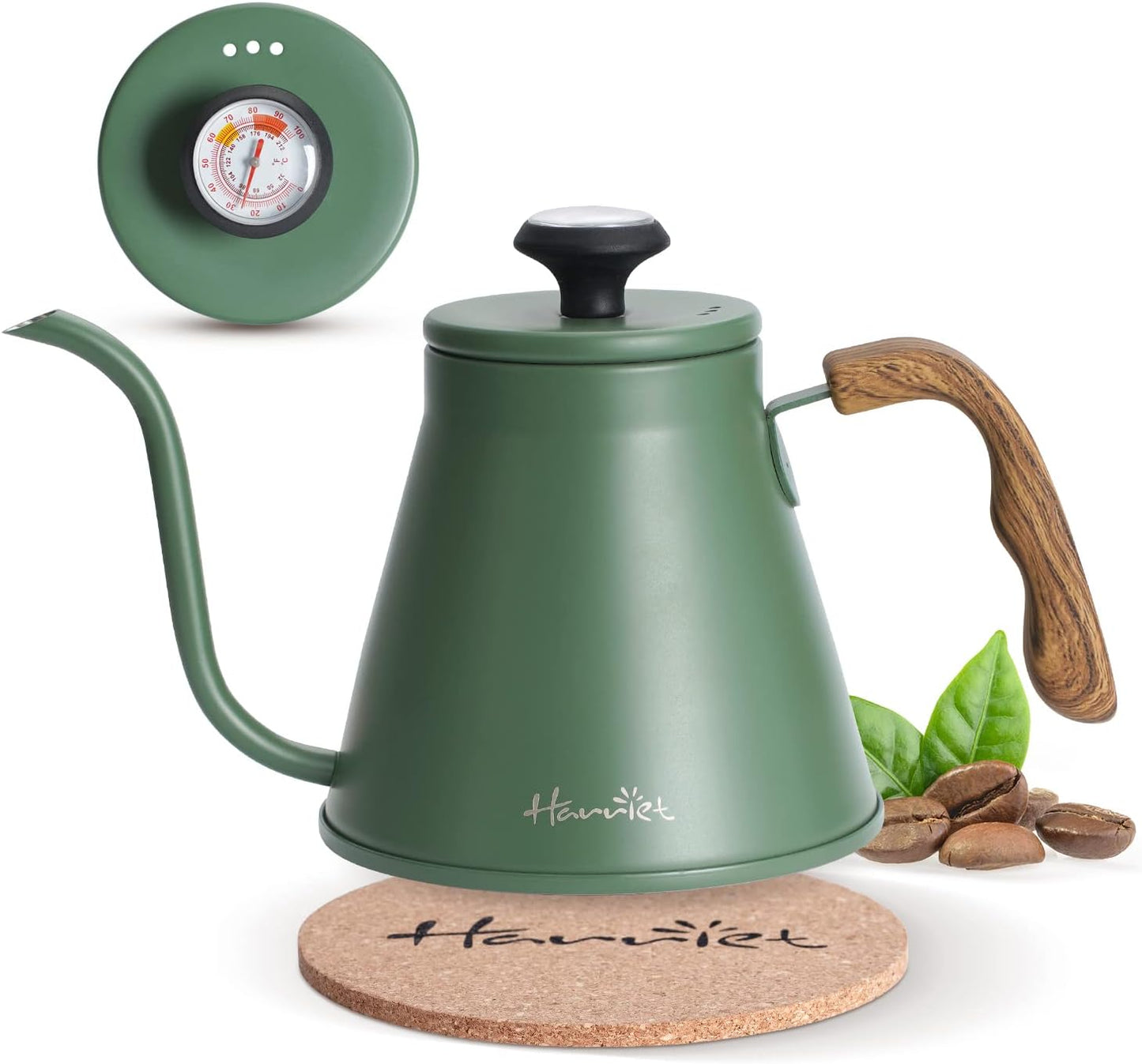 Harriet Gooseneck Kettle with Thermometer for Pour Over Coffee and Tea, 37 fl oz, Stainless Steel, Durable 3-Layer Base, Ideal Spout for Precision Pouring, Compatible with all Stove Tops, Green