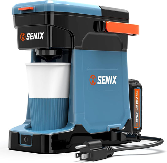 SENIX Coffee Maker, Portable Coffee Machine, 2-in-1 20V 5.0 Ah Battery, Charger & Power Cord, Compatible with K-Cups, Ground, Pods, 8oz Brew Size - for Travel, Camping, Job Site, RV, Home (CMX2-M4)